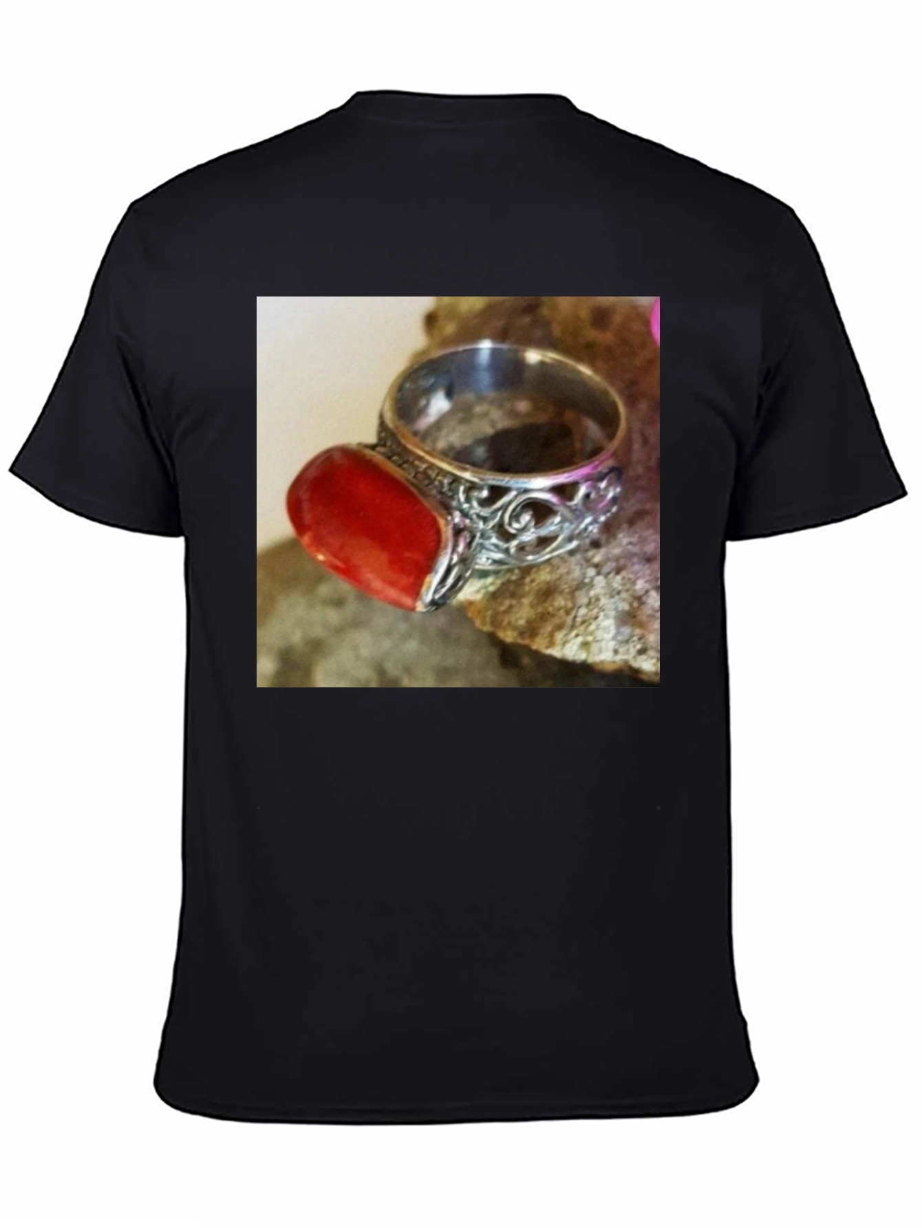 Black Coral Gemstone Ring on Black T-Shirt view 4