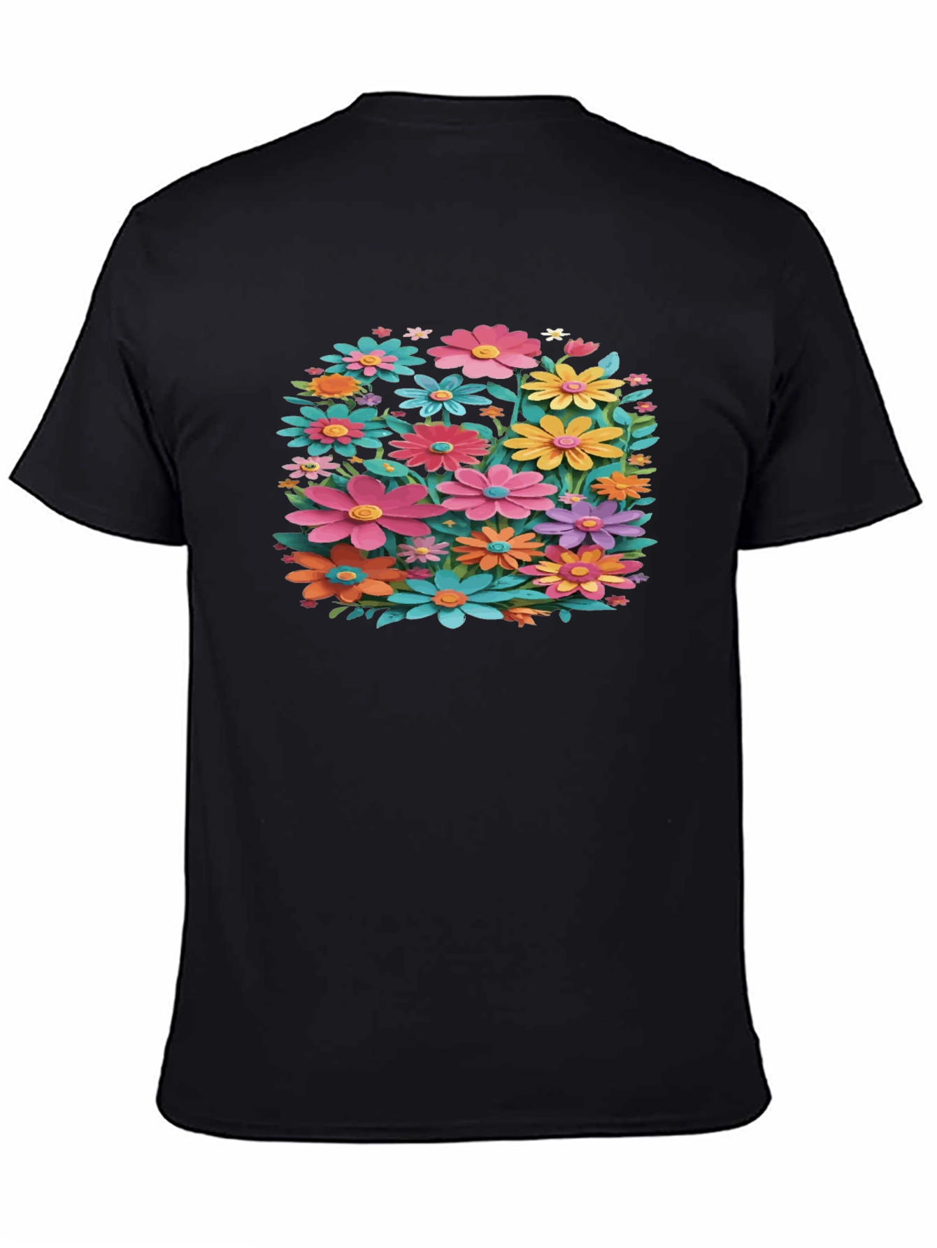 Black Floral T-Shirt - Black, Colorful Flower Design view 4