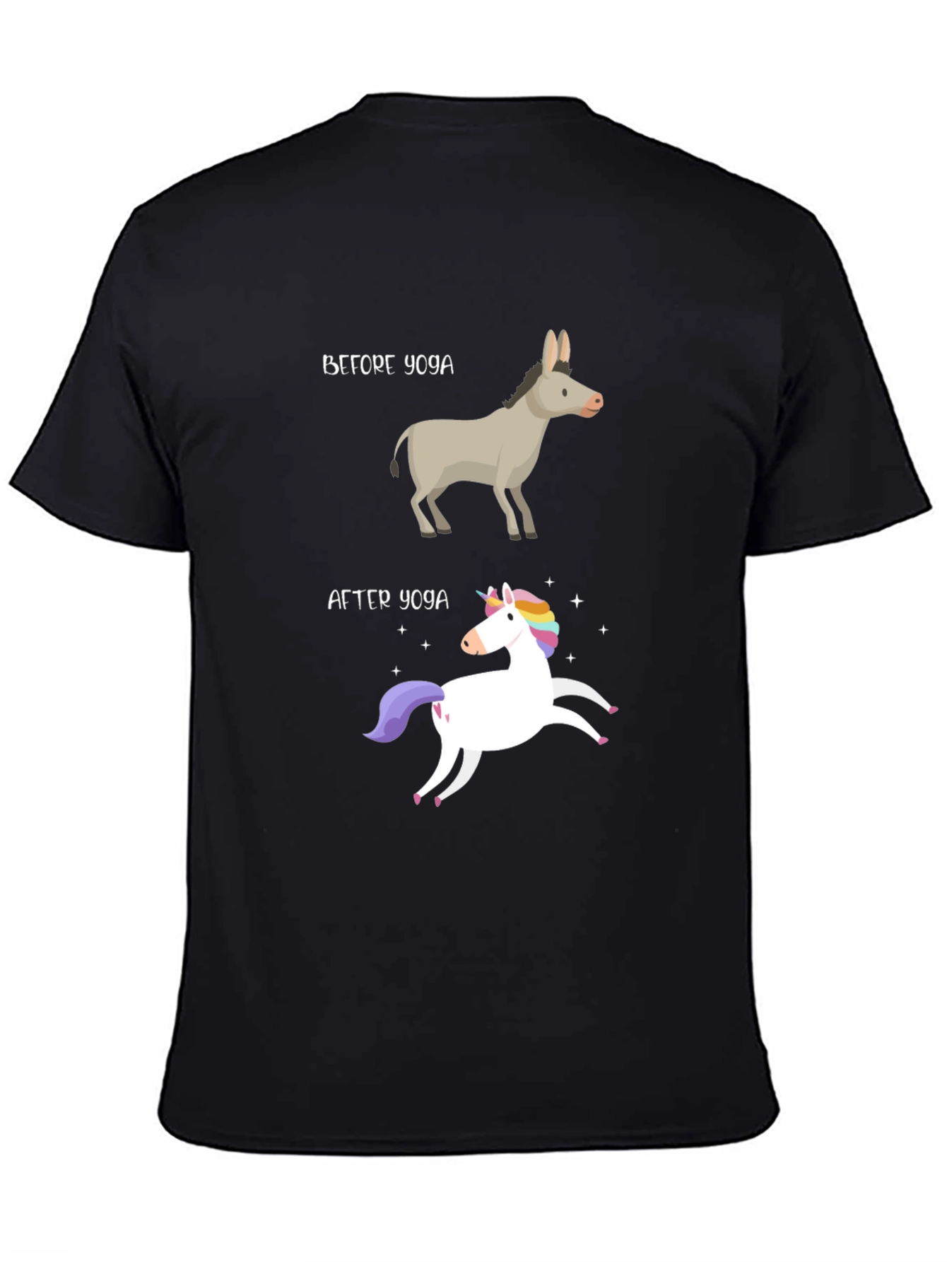 Black Yoga Humor T-Shirt - Donkey to Unicorn Transformation view 4