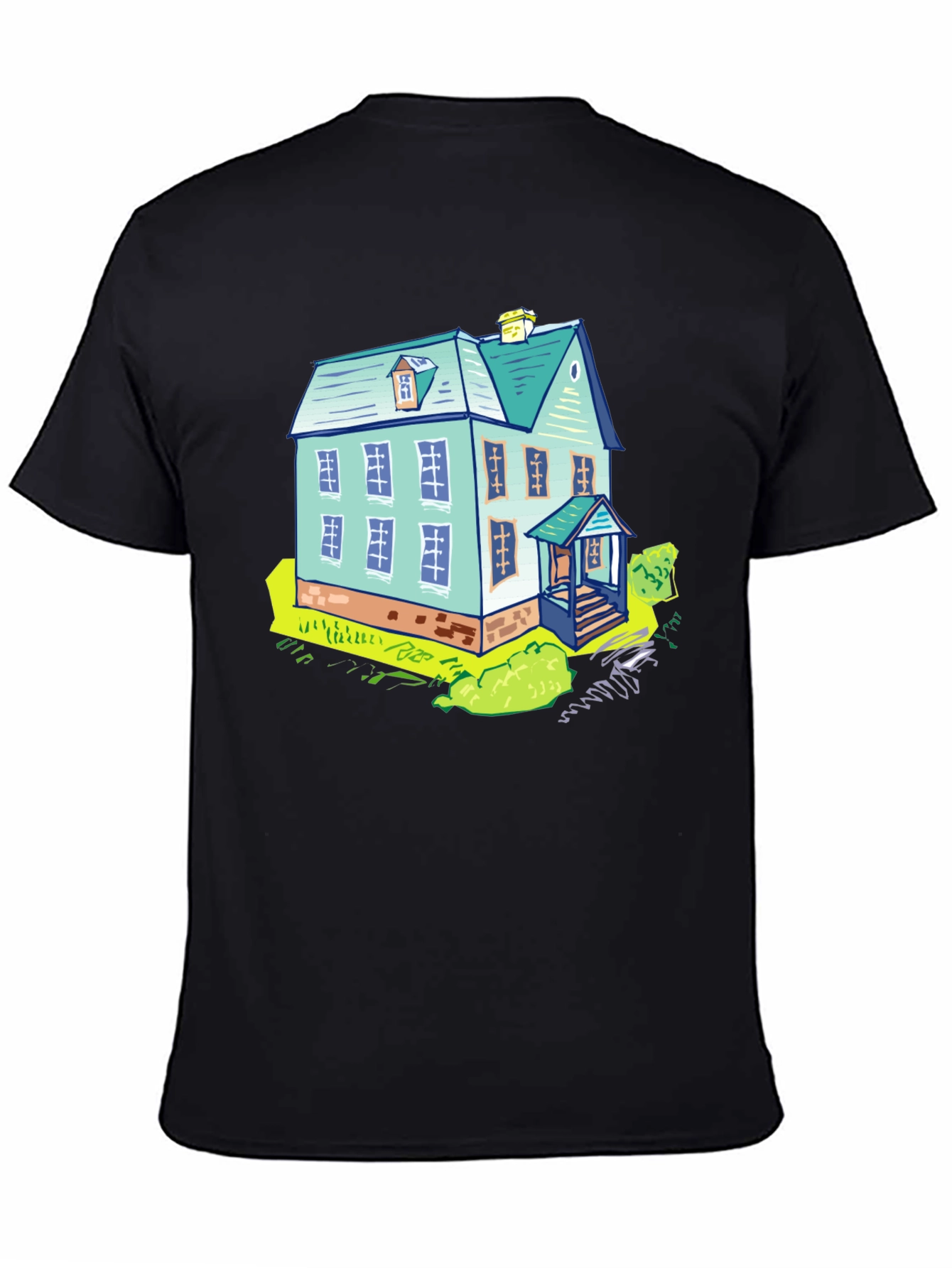 Black Cartoon House Graphic Tee - Black Cotton T-Shirt view 4