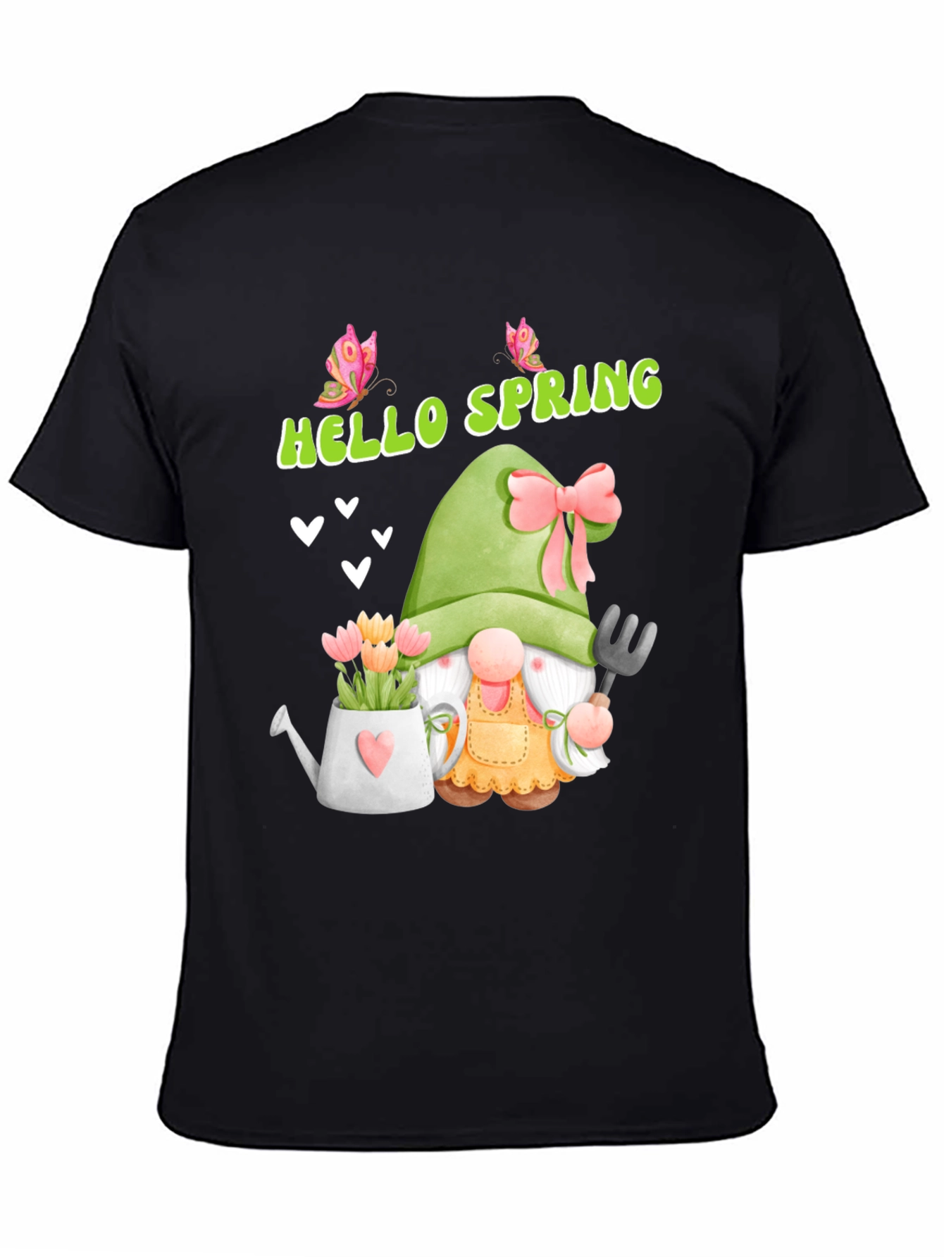 Black Hello Spring Garden Gnome T-Shirt view 4