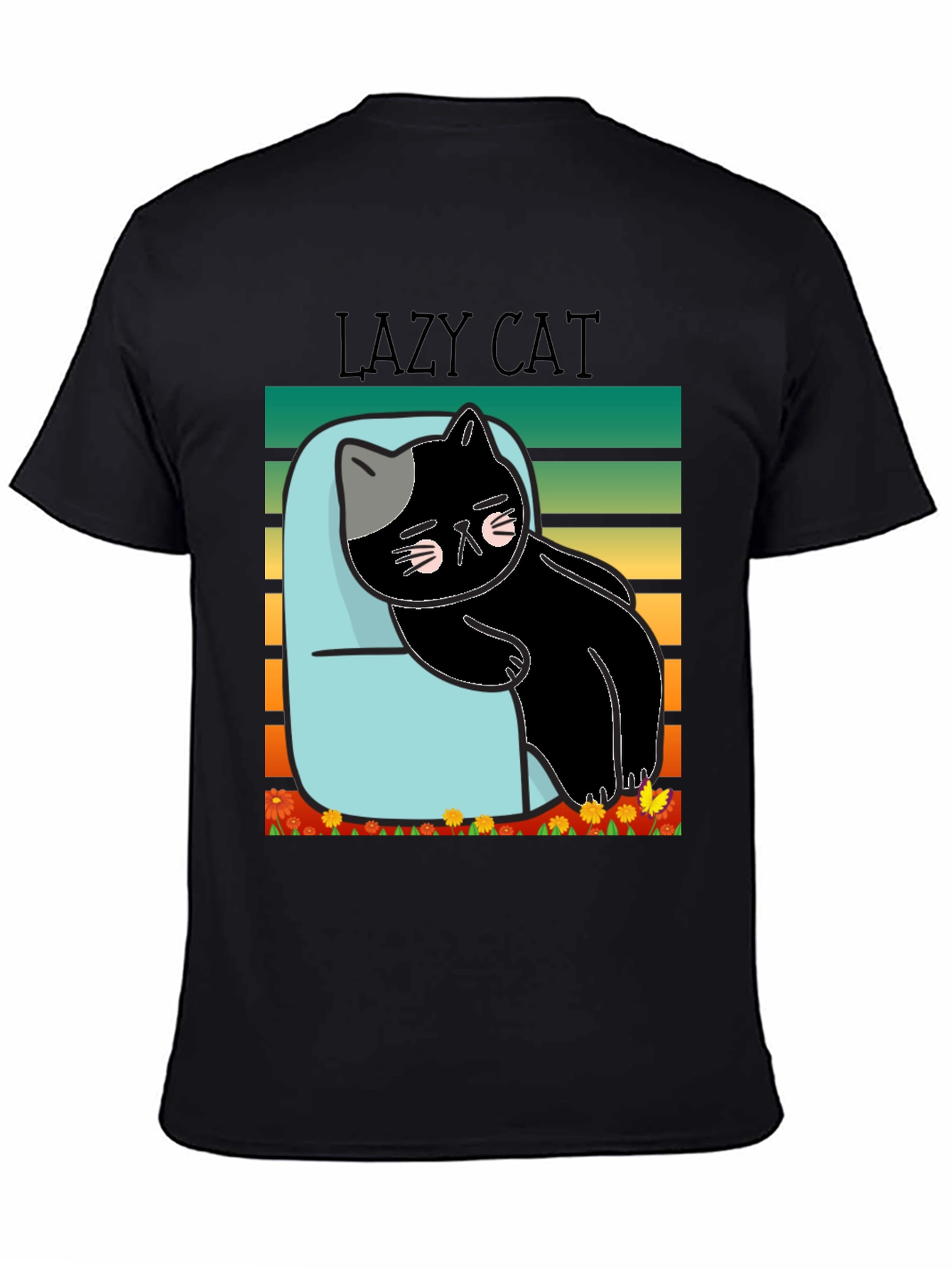 Black Lazy Cat T-Shirt - Black Cotton Tee view 4