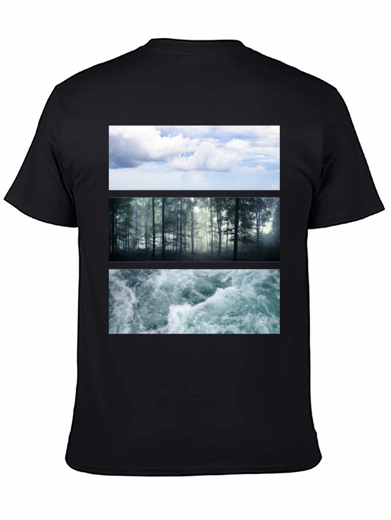 Black Nature Collage T-Shirt: Sky, Forest, Water Graphic Tee view 4