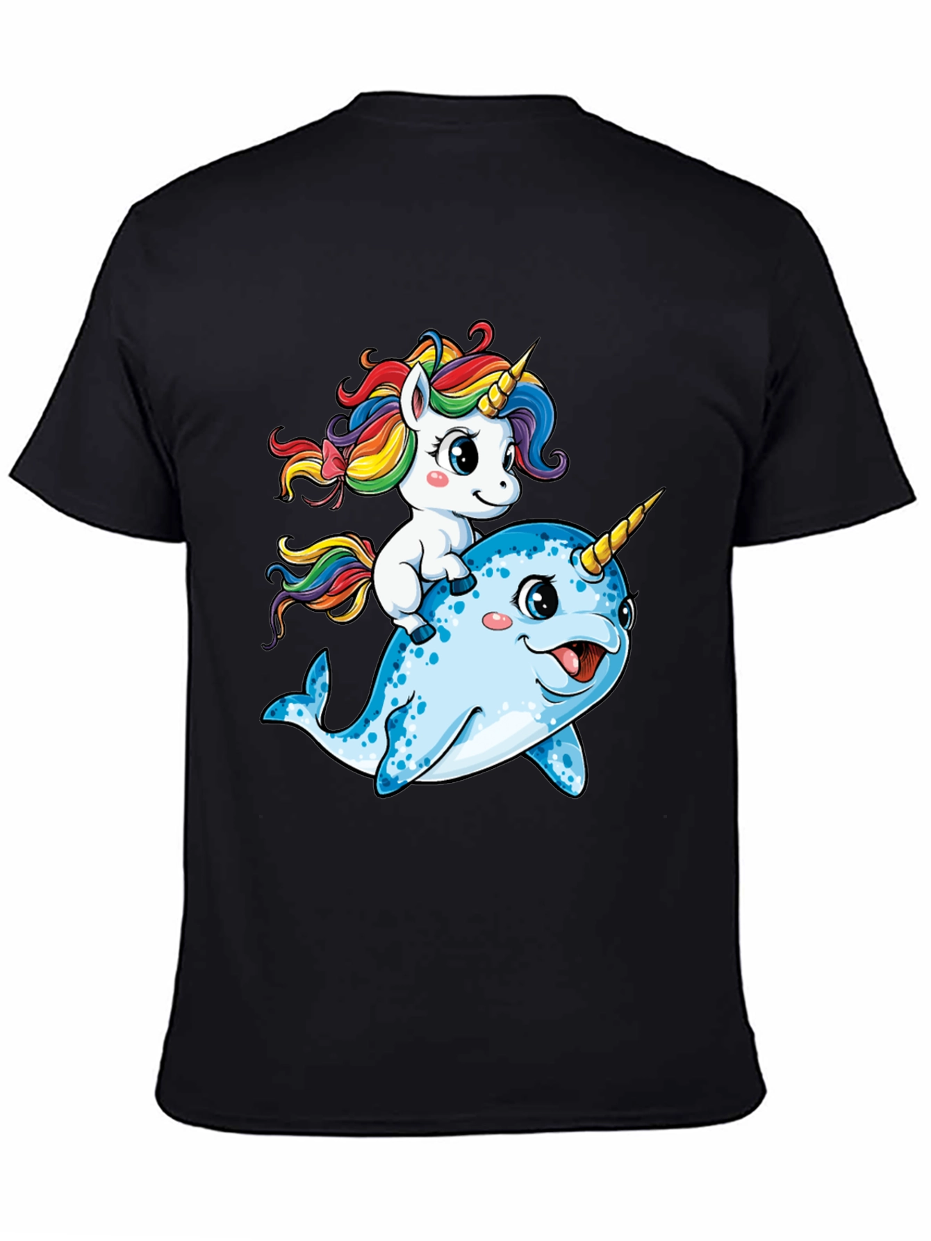 Black Unicorn Riding Narwhal T-Shirt view 4