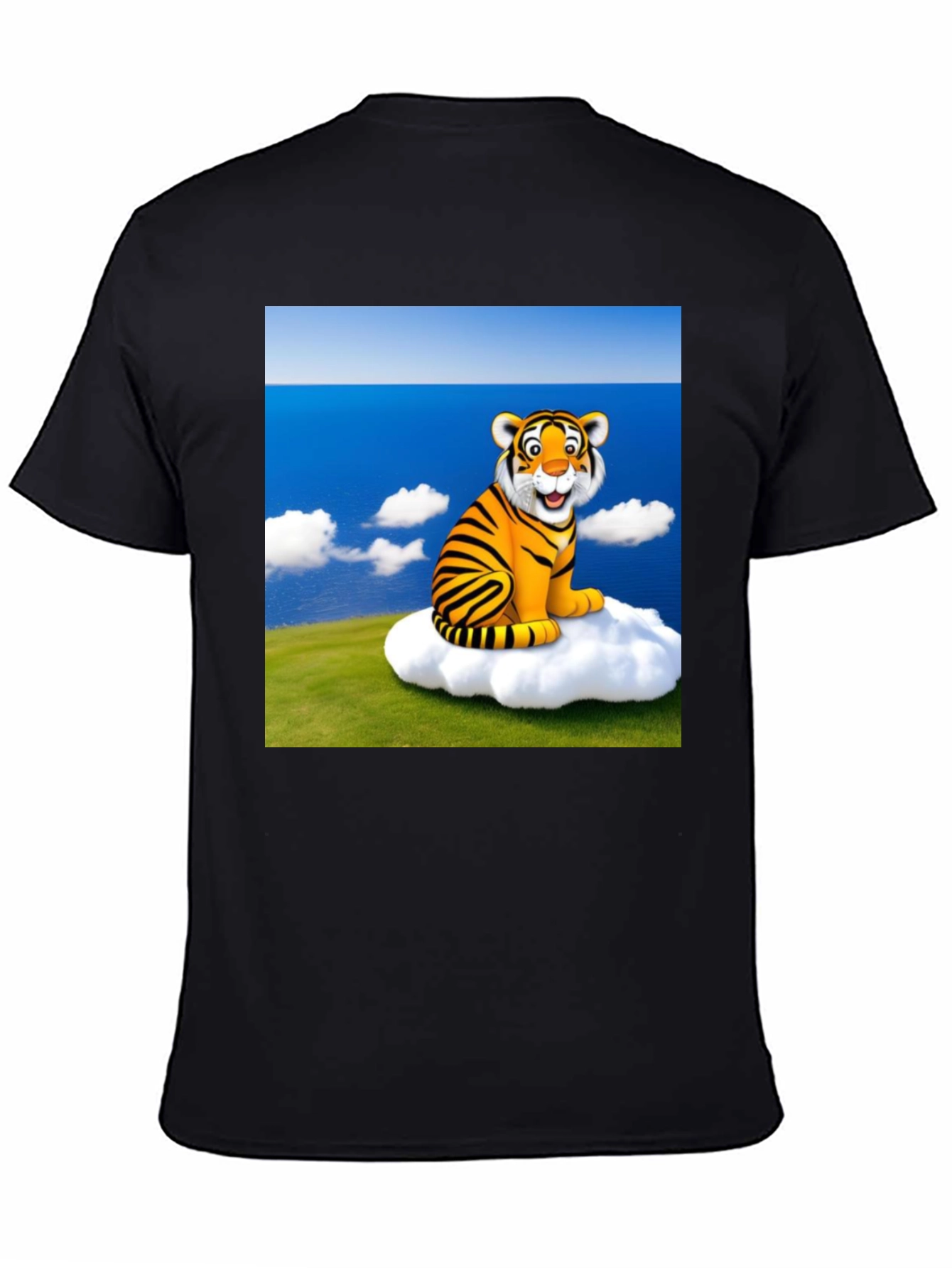 Black Cartoon Tiger on Cloud Black T-Shirt view 4