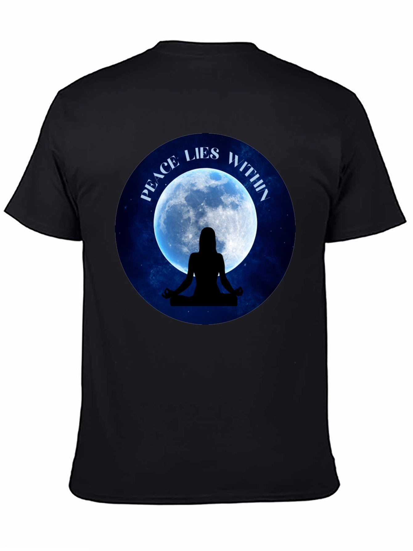 Black Peace Within T-Shirt - Meditating Silhouette Moon Graphic Tee view 4