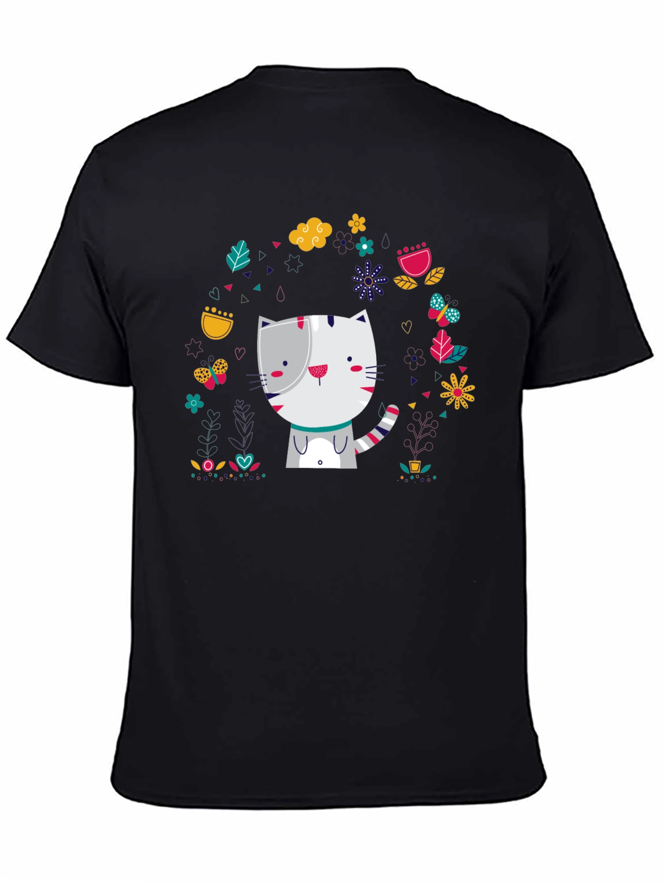Black Cute Cat Floral Design Black T-Shirt view 4