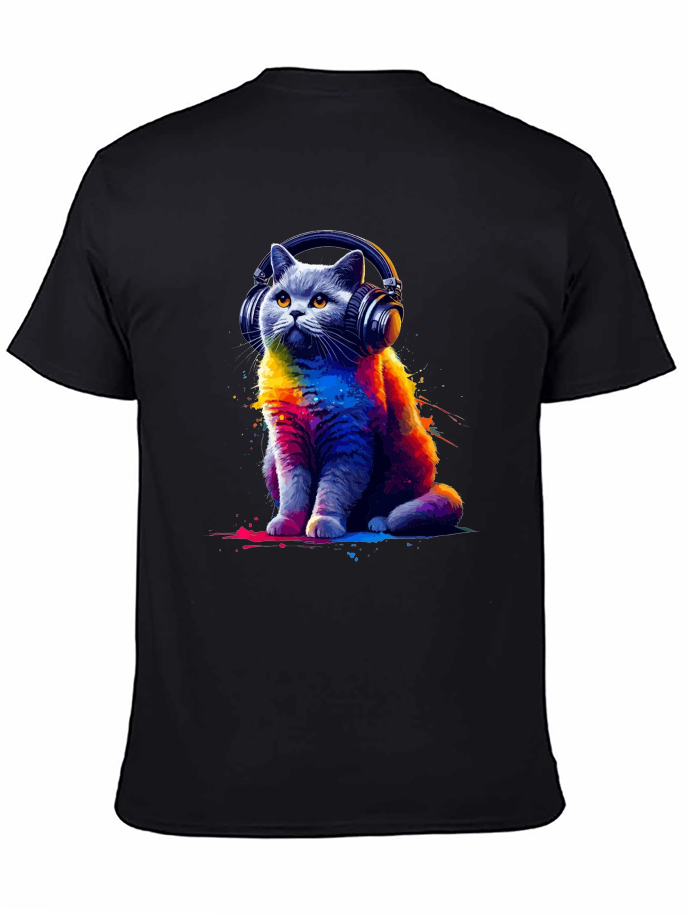 Black Cool Cat Headphones T-Shirt - Colorful Graphic Tee view 4