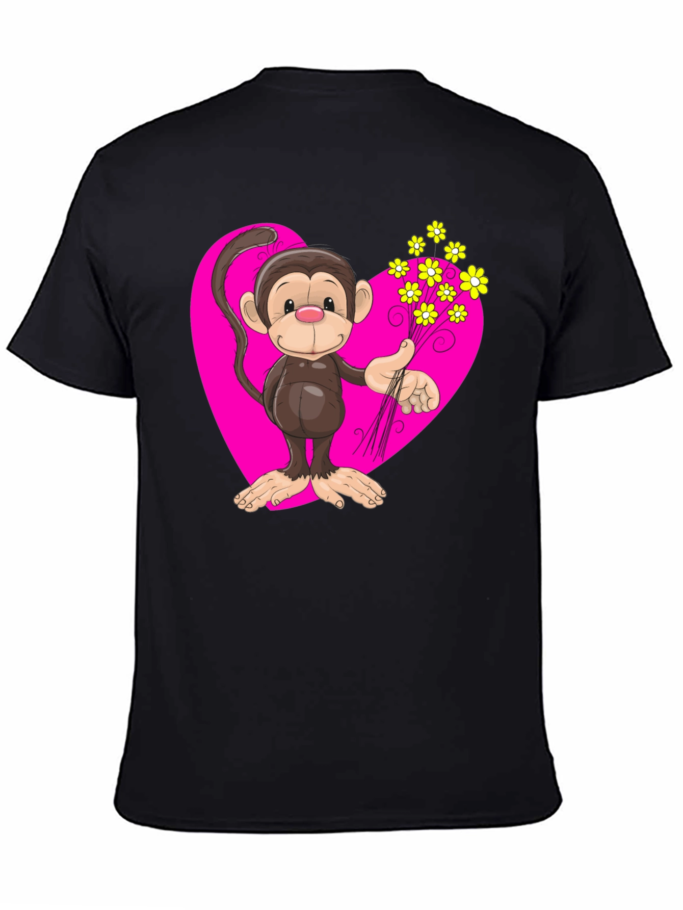Black Monkey Love T-Shirt - Cartoon Heart Flowers view 4