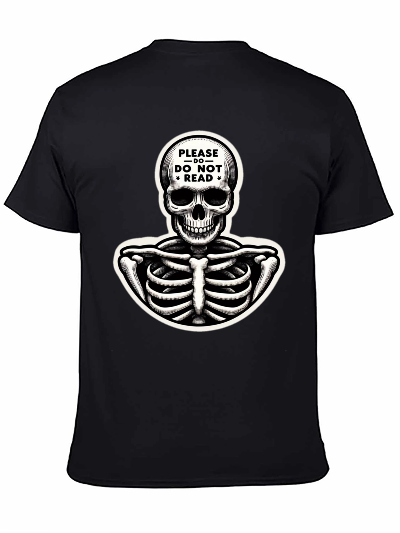 Black Humorous Skeleton Graphic Tee - "Please Do Not Read" view 4