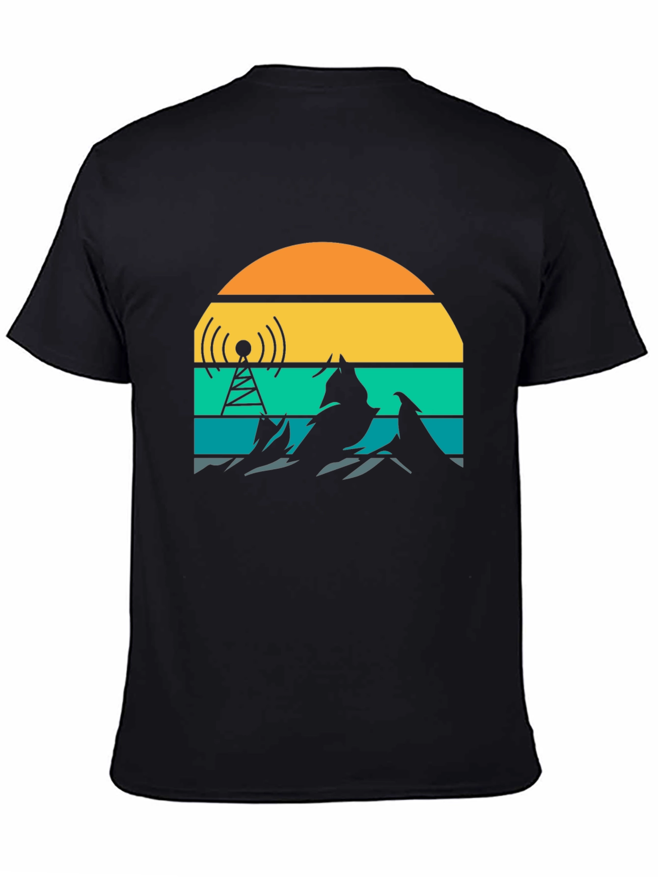 Black Retro Sunset Mountain Radio Tower T-Shirt view 4