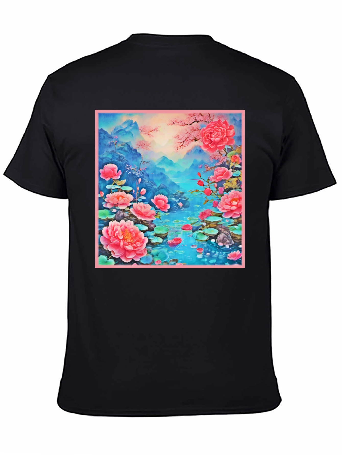 Black Floral Lotus Lake Graphic Tee - Unique Design view 4