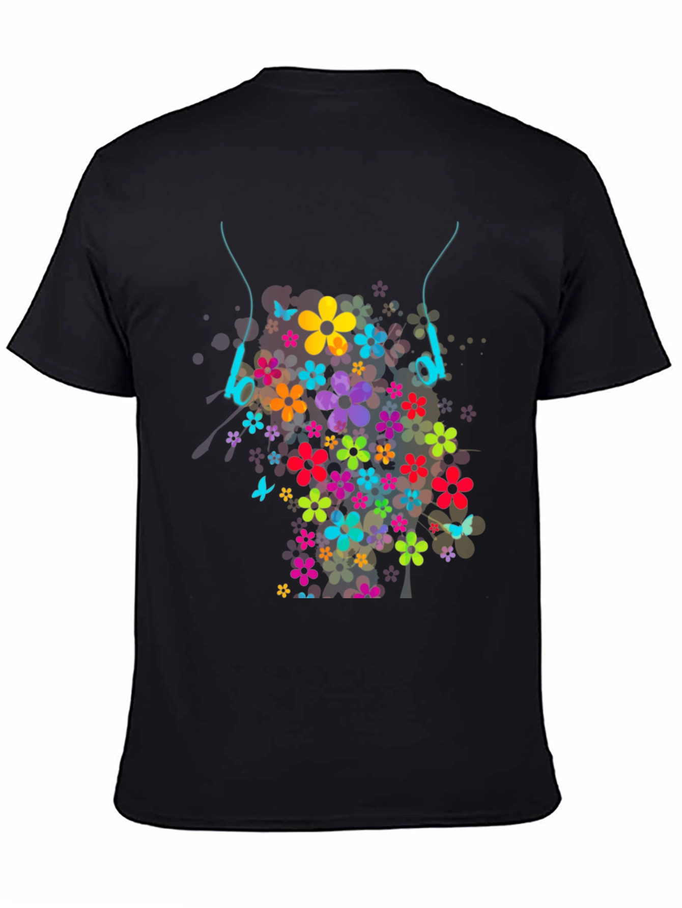Black Floral Headphones Graphic T-Shirt view 4