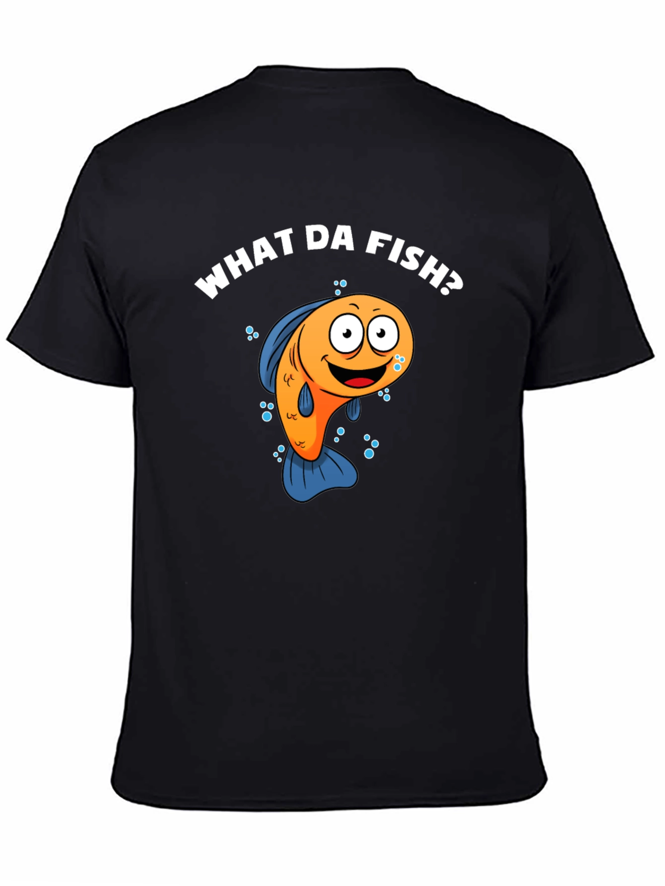 Black Funny What Da Fish? Cartoon Black T-Shirt view 4