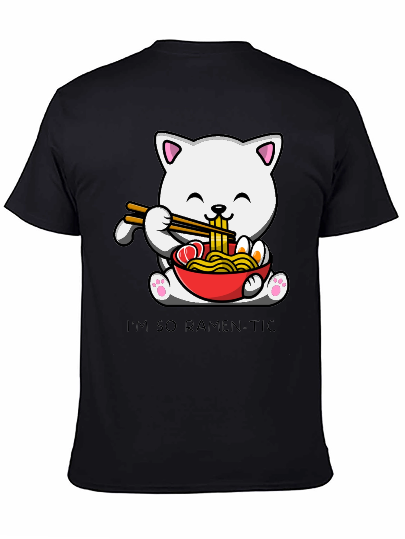 Black Ramen Cat T-Shirt - "I'm So Ramen-Tic" Graphic Tee view 4