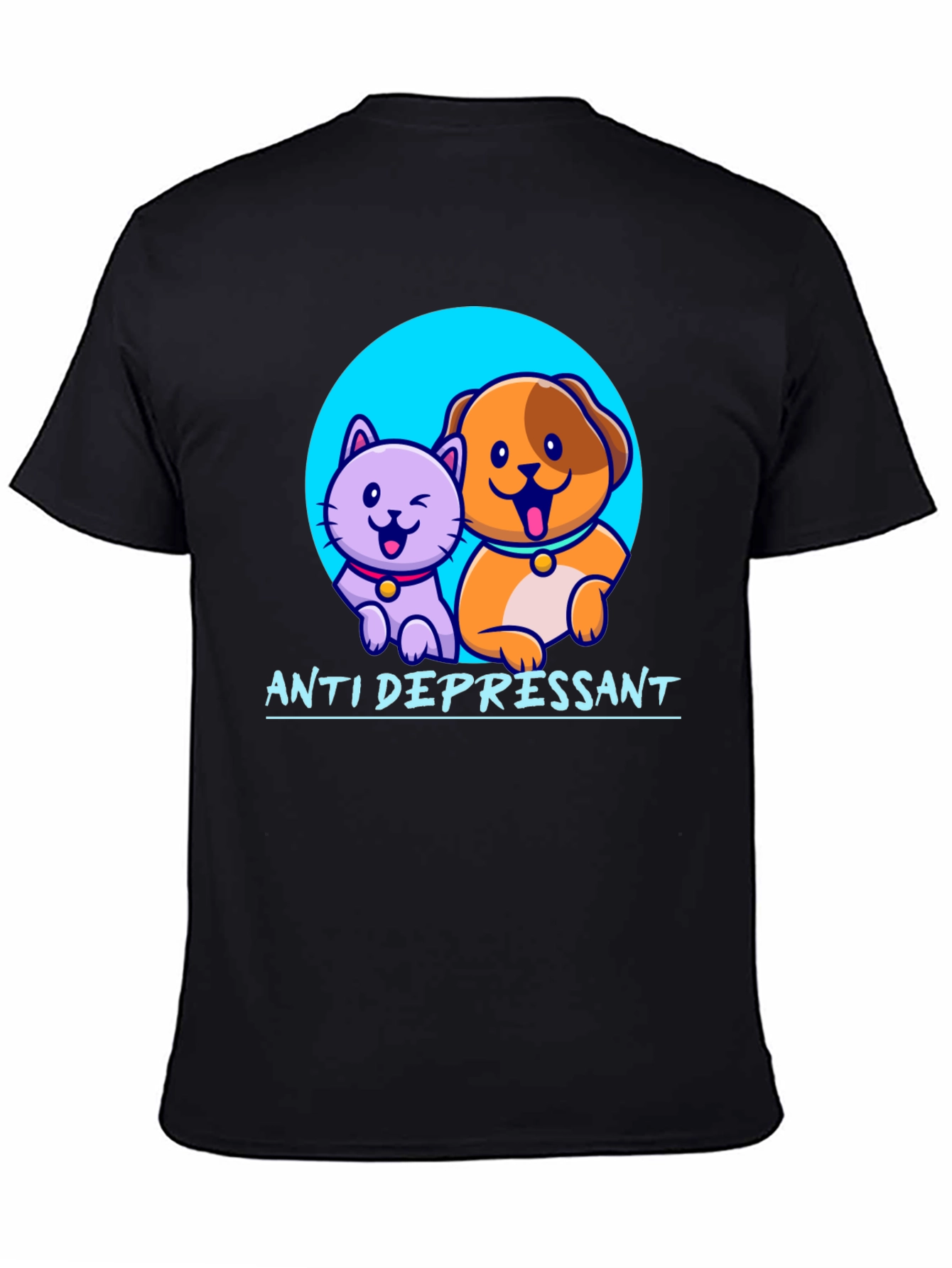 Black Anti Depressant Cat and Dog Graphic T-Shirt view 4