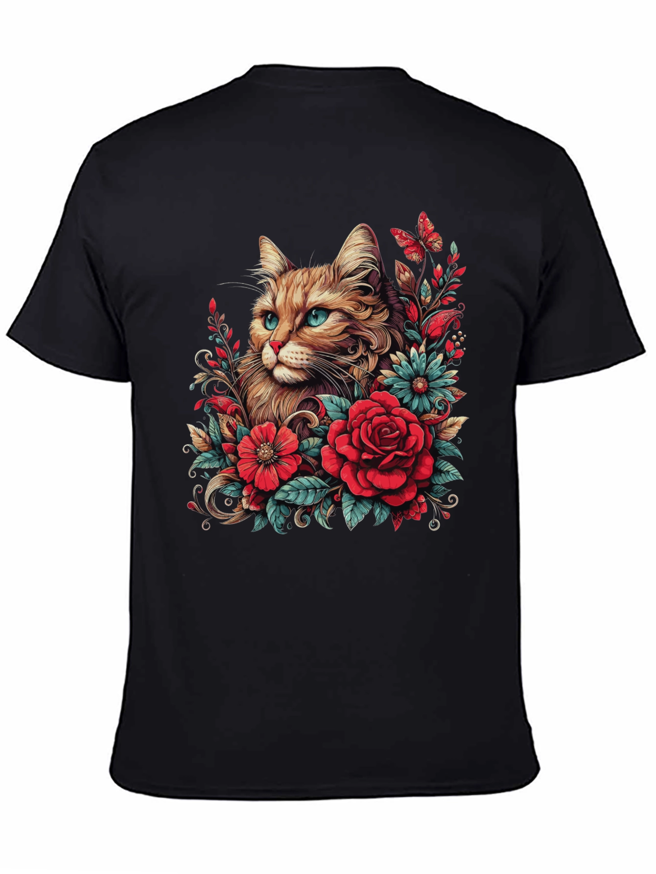 Black Cat & Floral Graphic Tee - Men's Black T-Shirt view 4