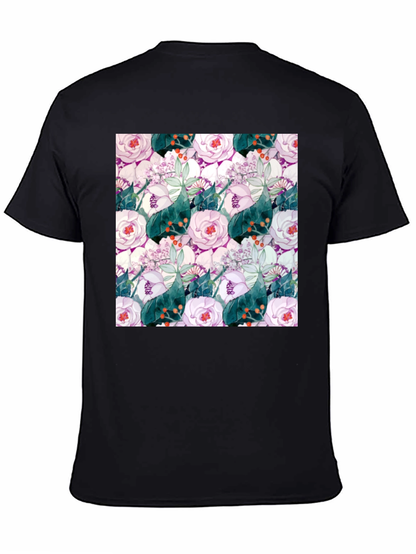 Black Floral Print Black Crew Neck T-Shirt view 4
