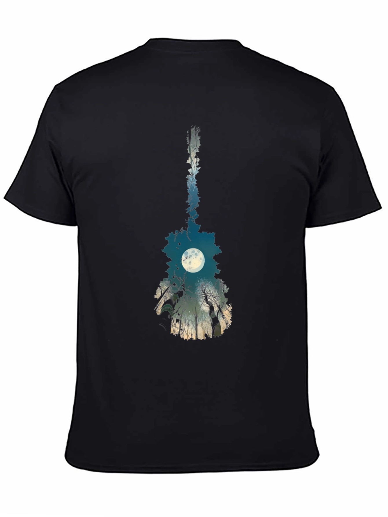 Black Guitar Moon T-Shirt - Unique Nature Design view 4