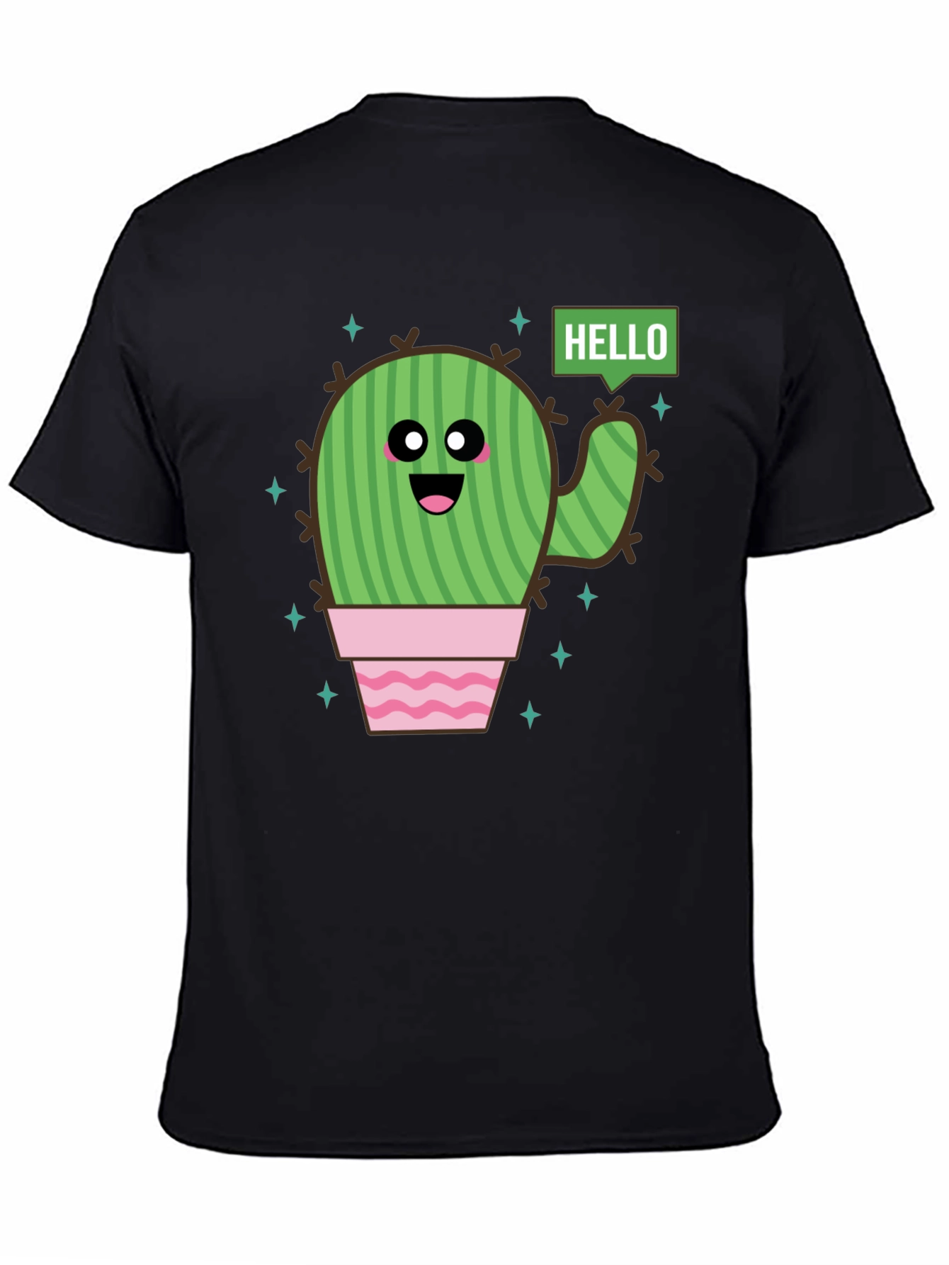 Black Cute Cartoon Cactus Graphic Tee - Black Cotton T-Shirt view 4