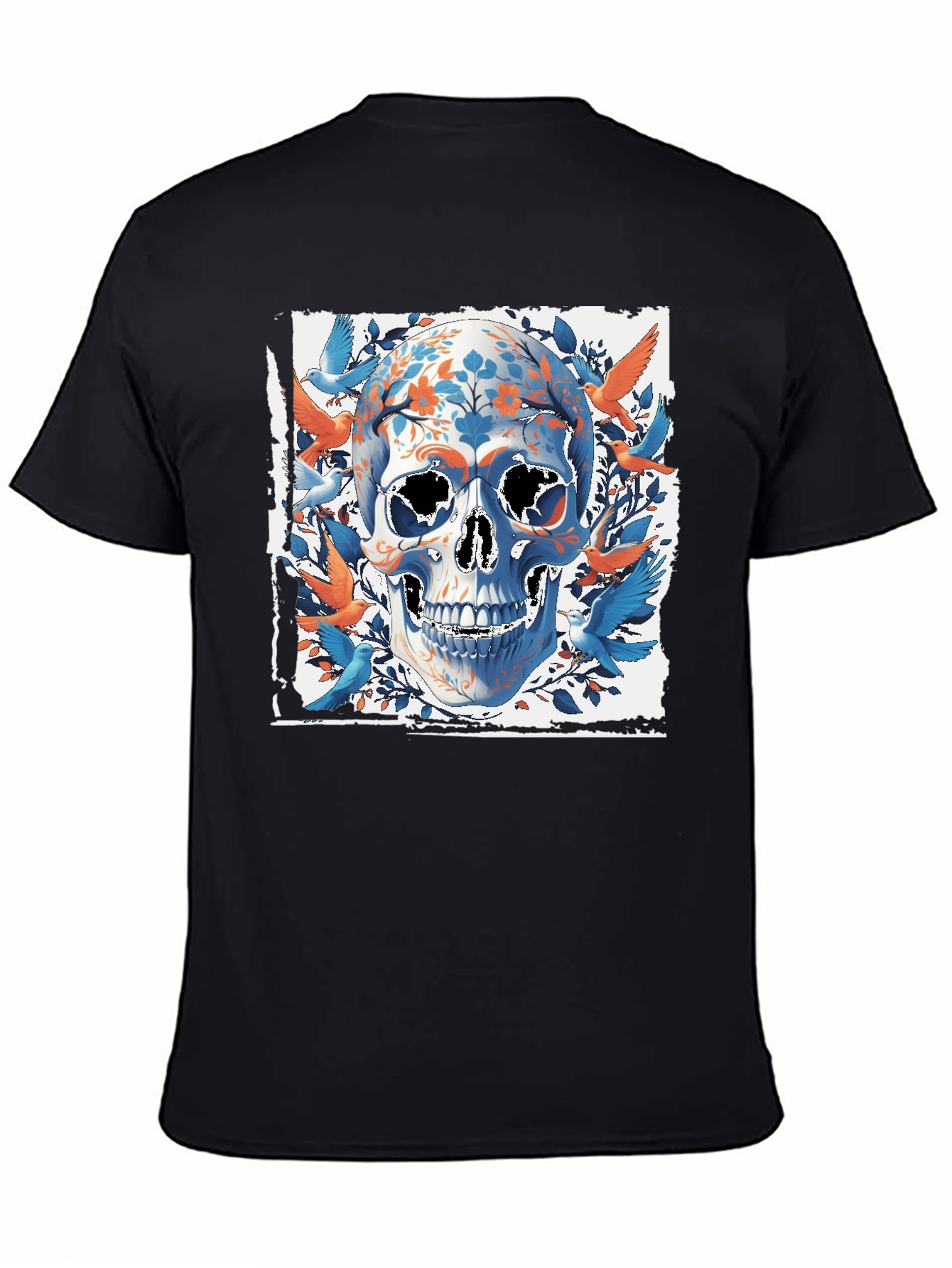 Black Floral Skull & Birds Graphic Tee - Unique Design view 4