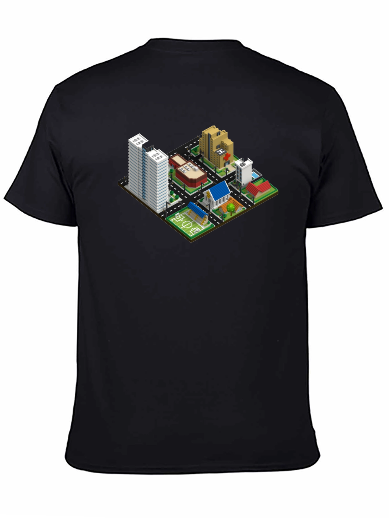 Black Isometric Cityscape Graphic Tee - Black Cotton T-Shirt view 4
