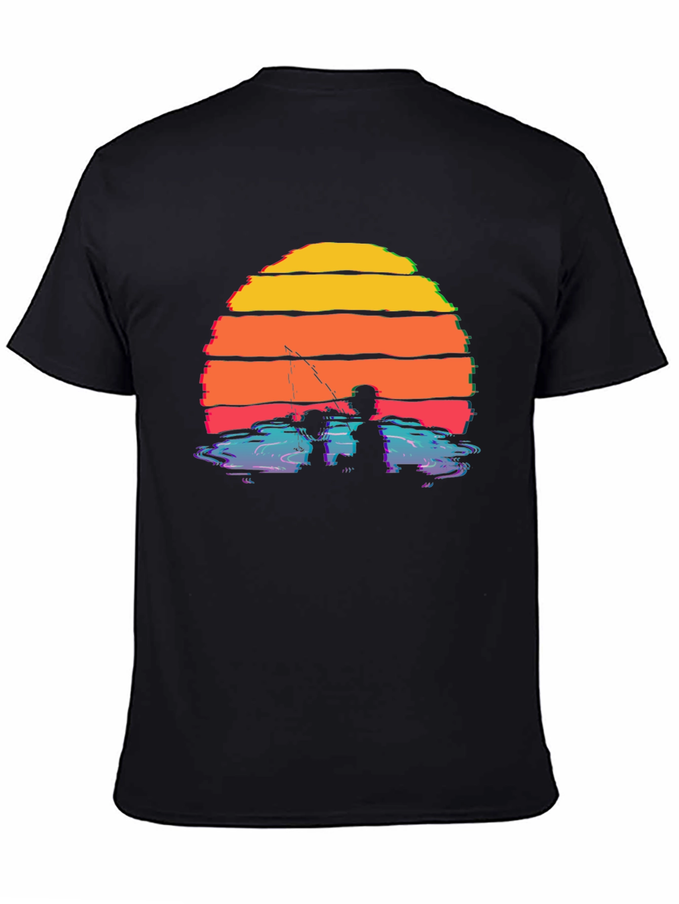 Black Sunset Fishing Silhouette T-Shirt view 4