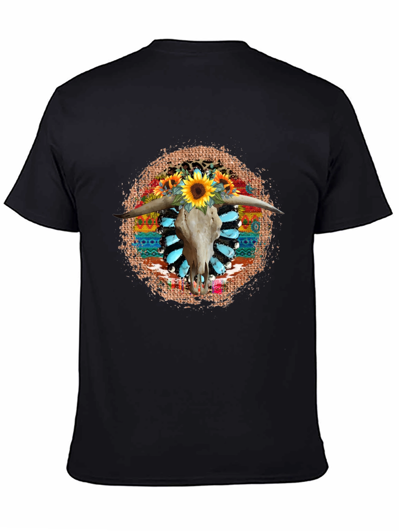 Black Rustic Steer Skull Sunflower Graphic Tee view 4