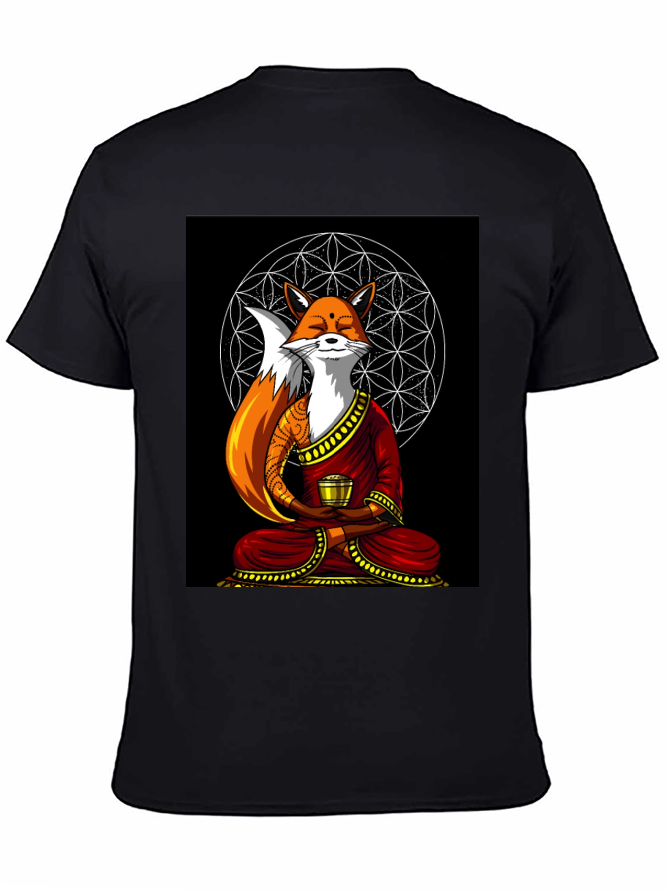 Black Zen Fox T-Shirt - Meditating Design view 4