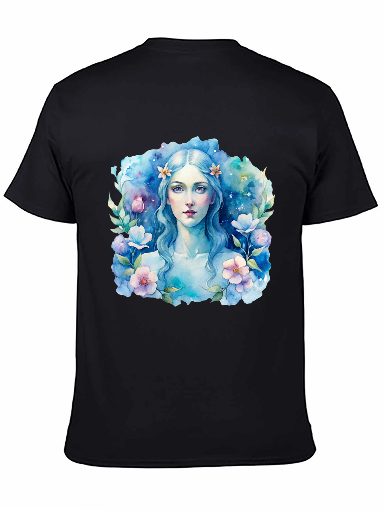 Black Floral Watercolor Woman Graphic Tee - Black T-Shirt view 4