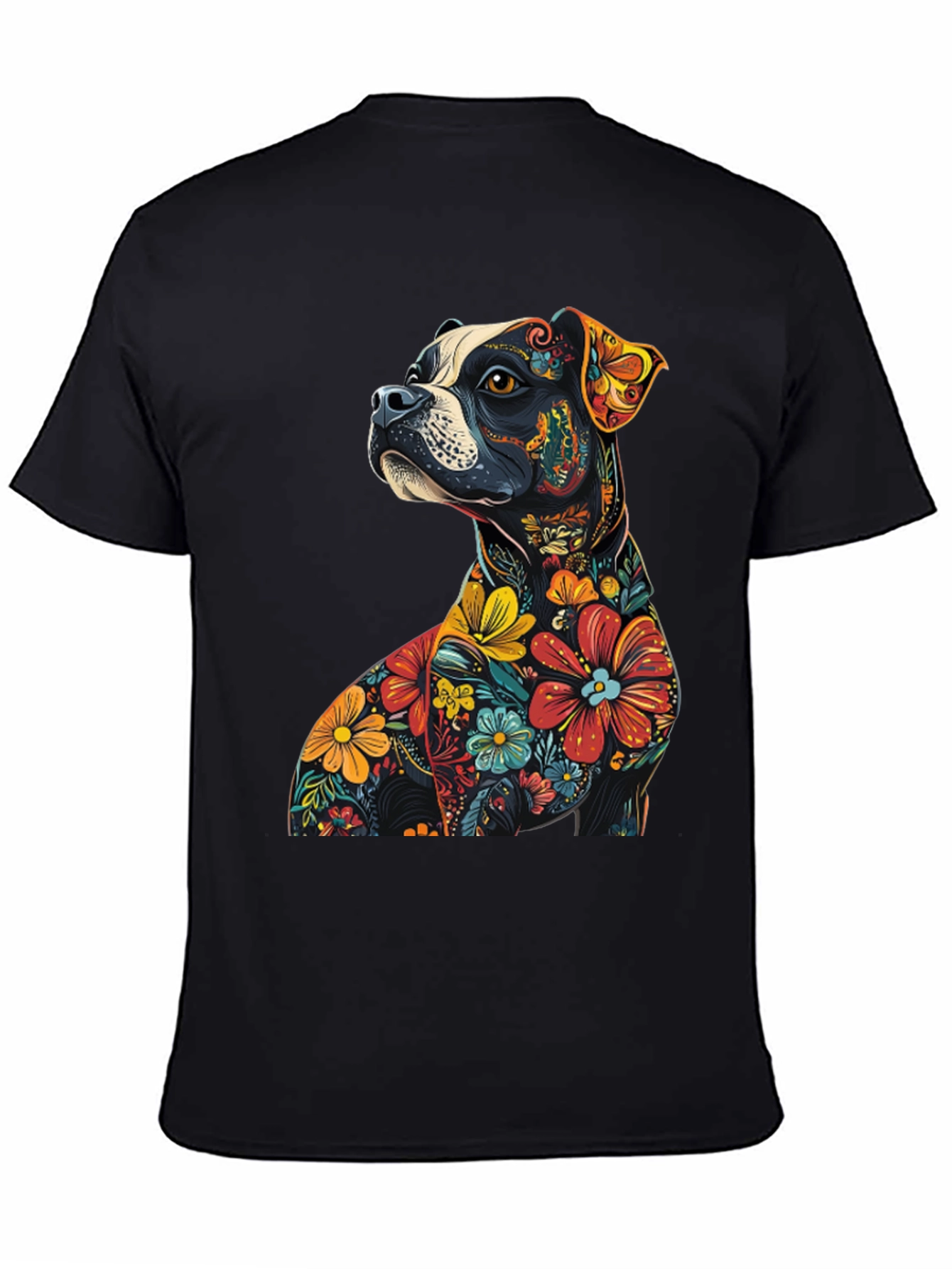 Black Floral Dog Graphic Tee - Unique Black T-Shirt view 4