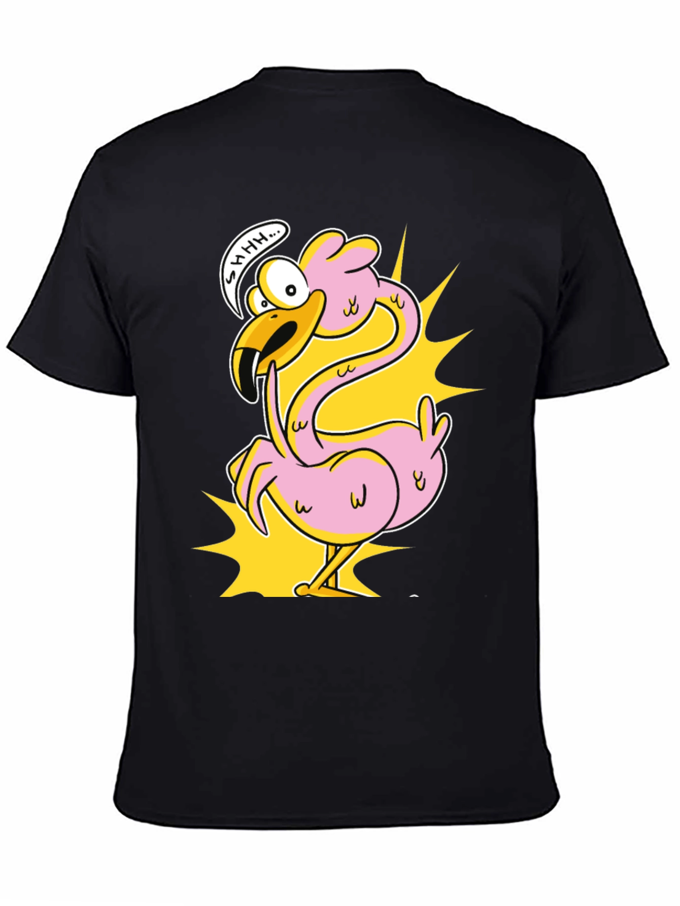 Black Shhh! Flamingo Cartoon Graphic T-Shirt view 4