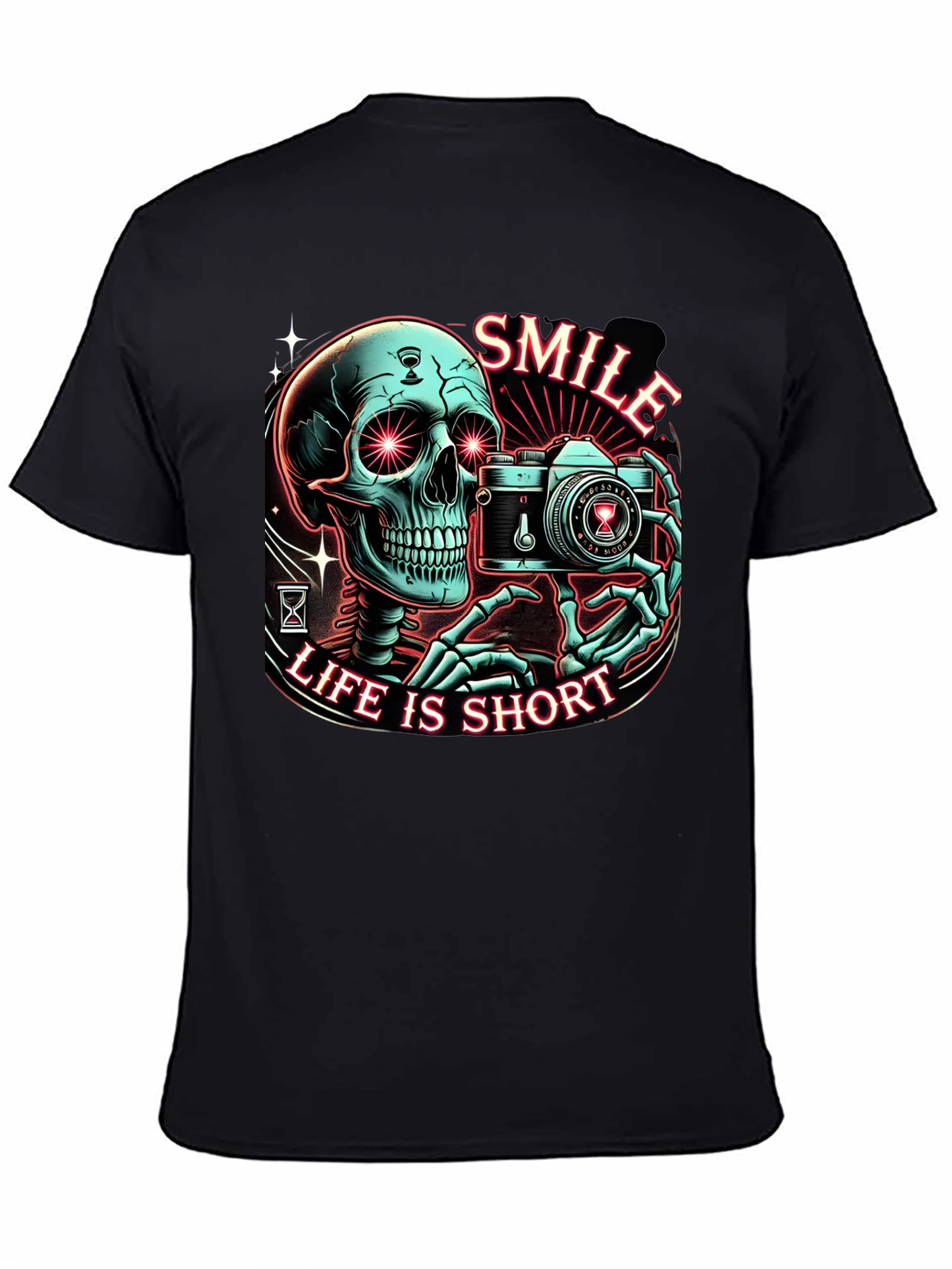 Black Smile Life is Short Graphic Tee - Camera Skeleton T-Shirt view 4