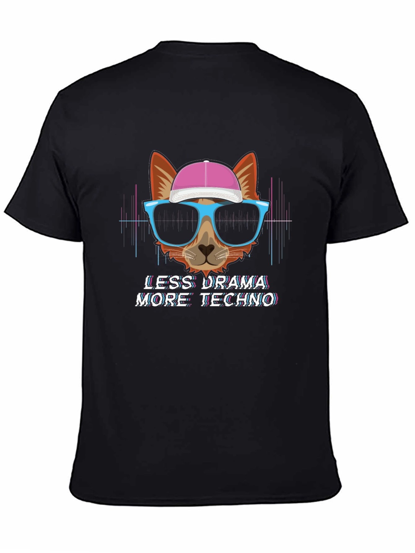 Black Less Drama More Techno T-Shirt - Cat with Glasses view 4