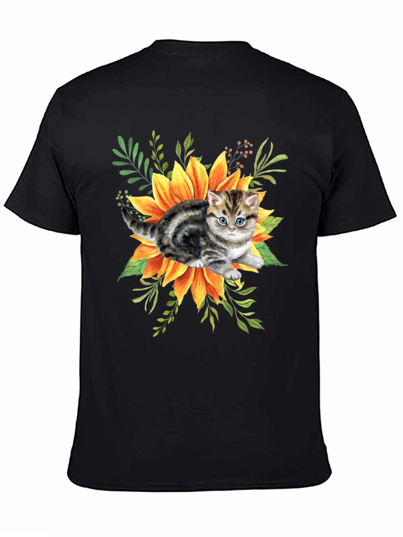 Black Kitten & Sunflower Graphic Tee - Black Cotton Blend view 4