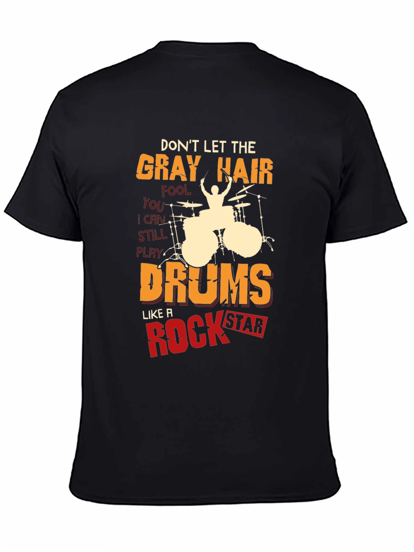 Black Gray Hair Rock Star Drums Graphic Tee view 4
