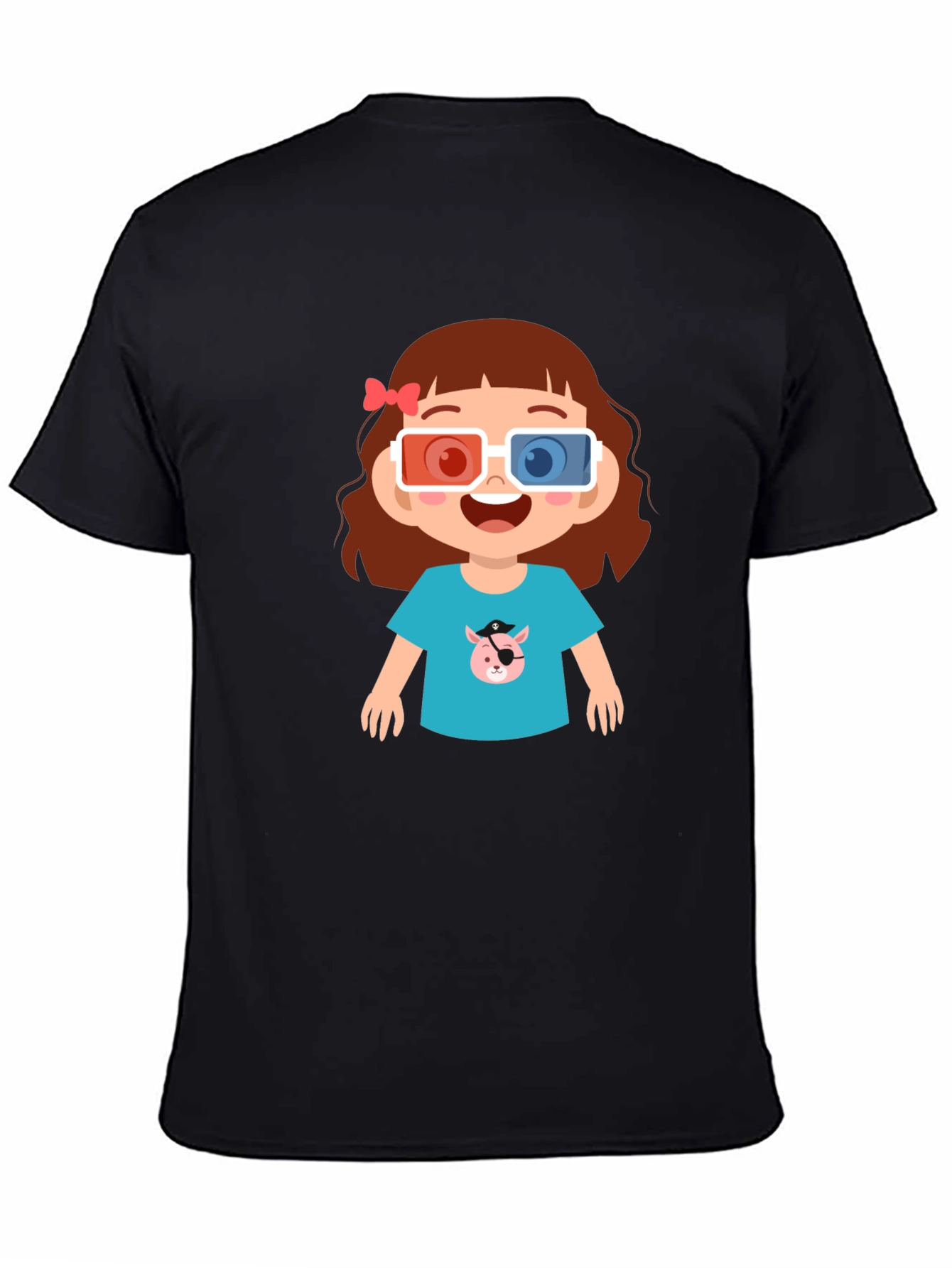 Black Cute Cartoon Girl 3D Glasses Black T-Shirt view 4