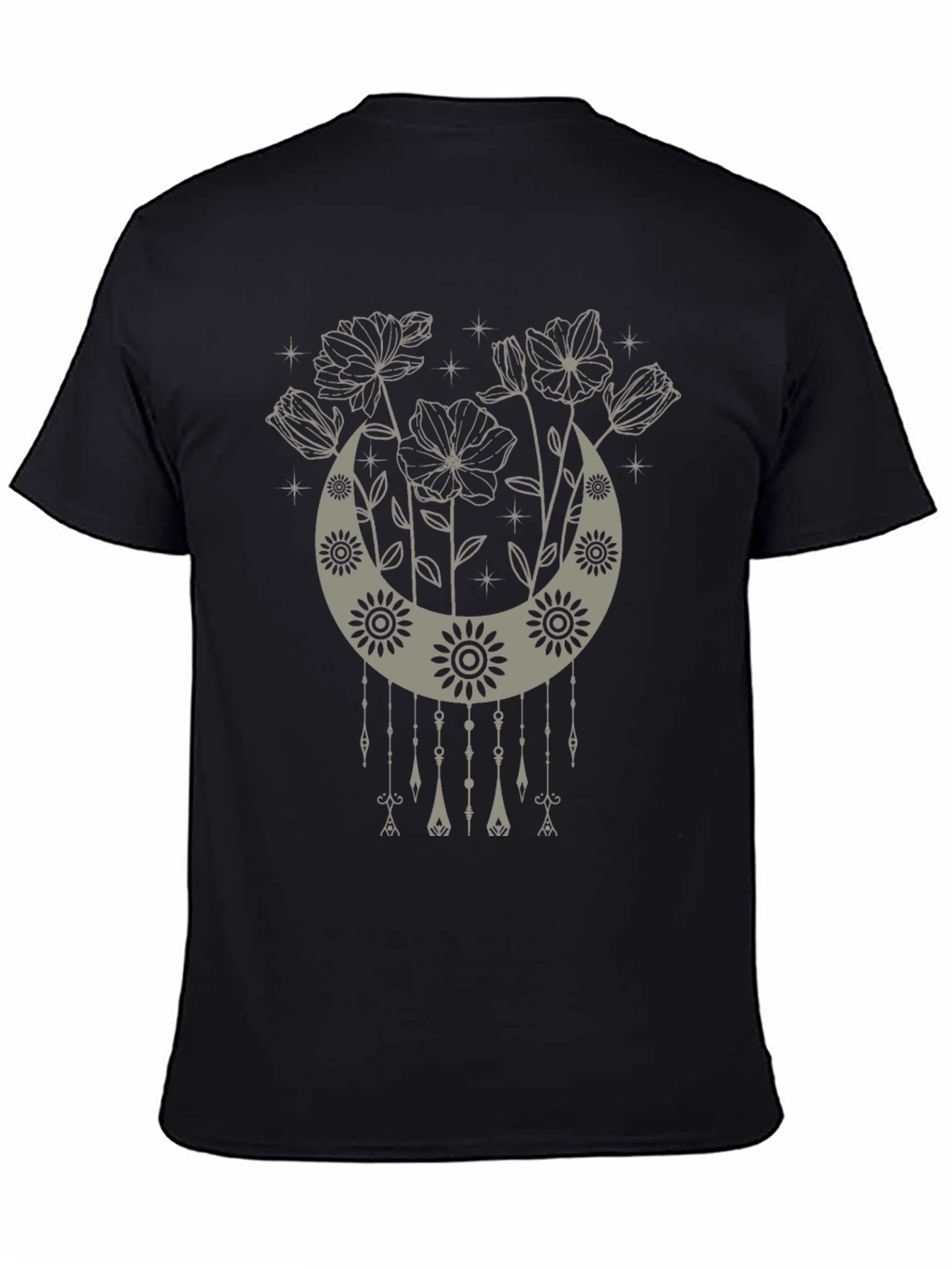 Black Boho Floral Moon Graphic Tee - Black view 4