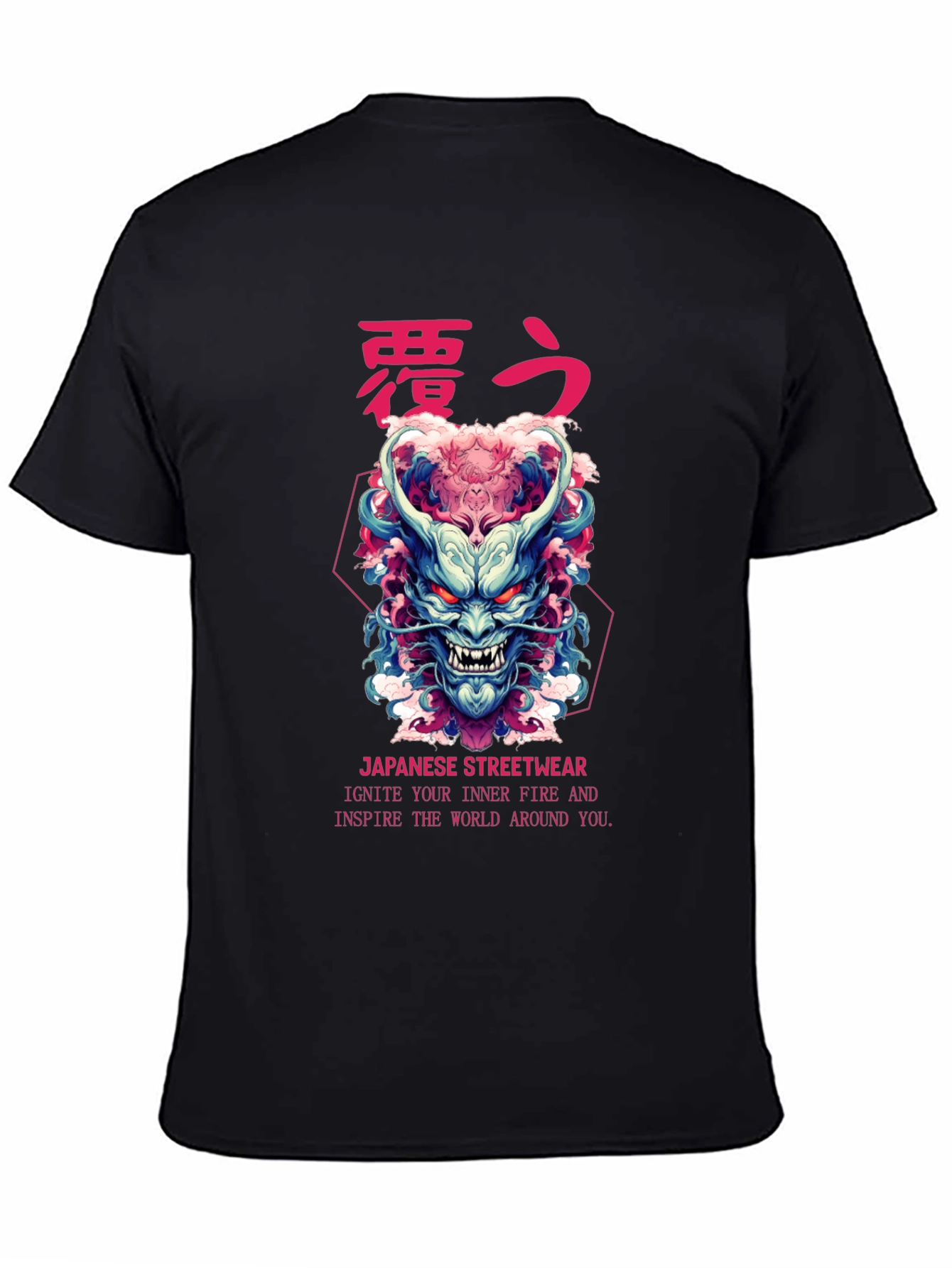 Black Japanese Oni Mask Graphic T-Shirt view 4