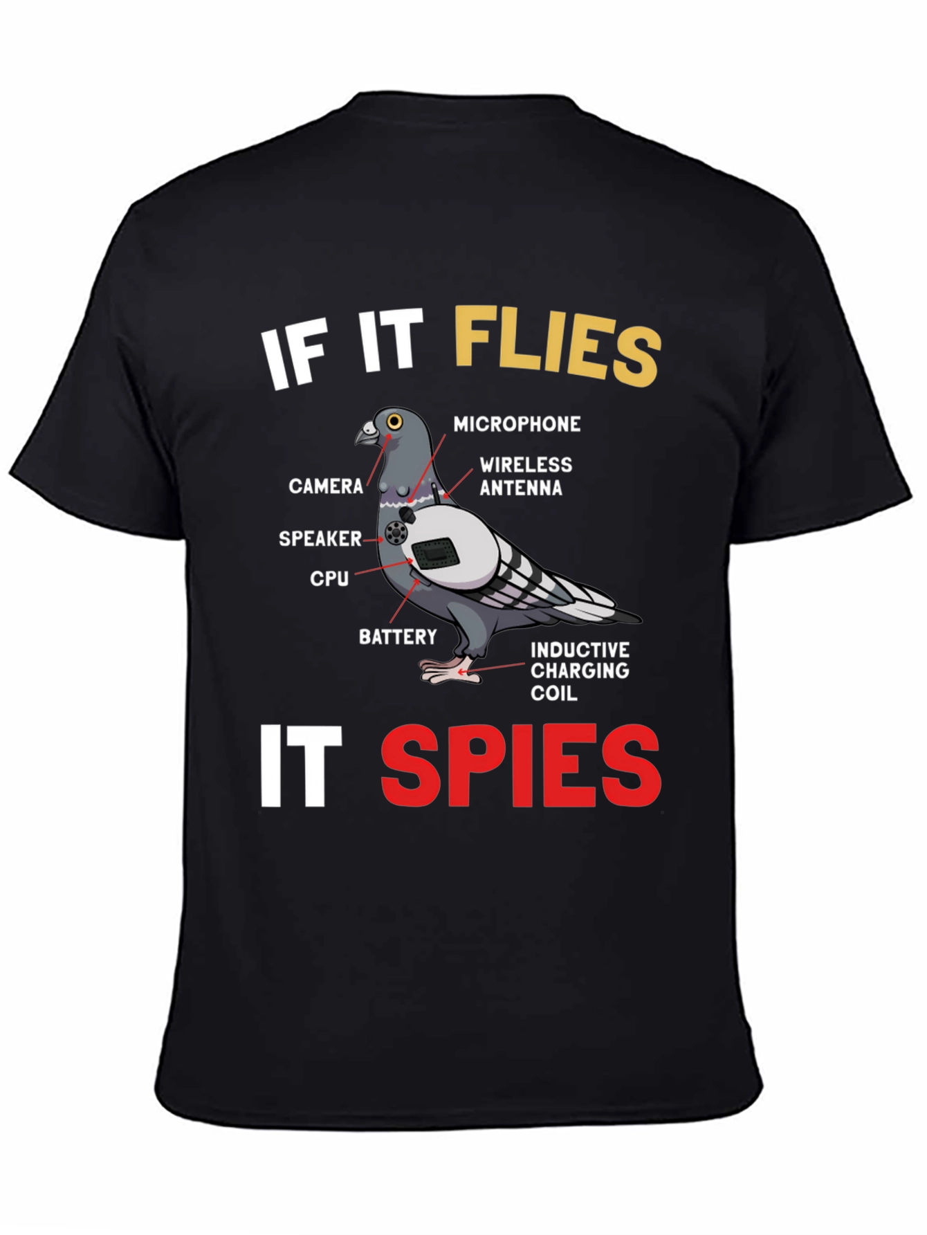 Black If It Flies It Spies Pigeon T-Shirt view 4