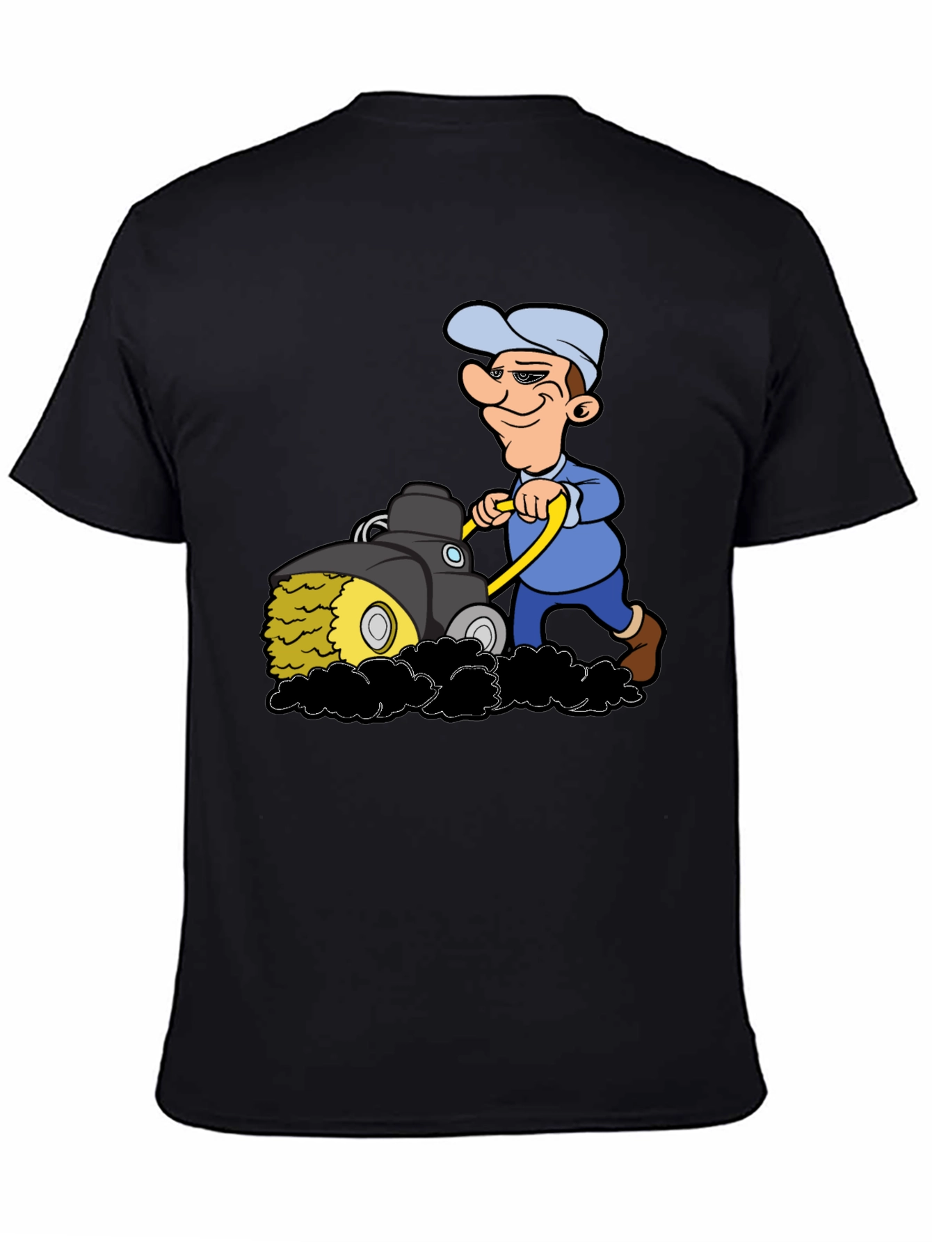 Black Cartoon Lawn Mower T-Shirt view 4