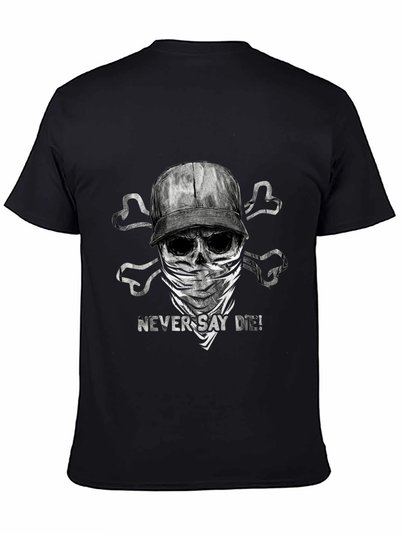 Black Never Say Die T-Shirt - Skull & Crossbones Design view 4