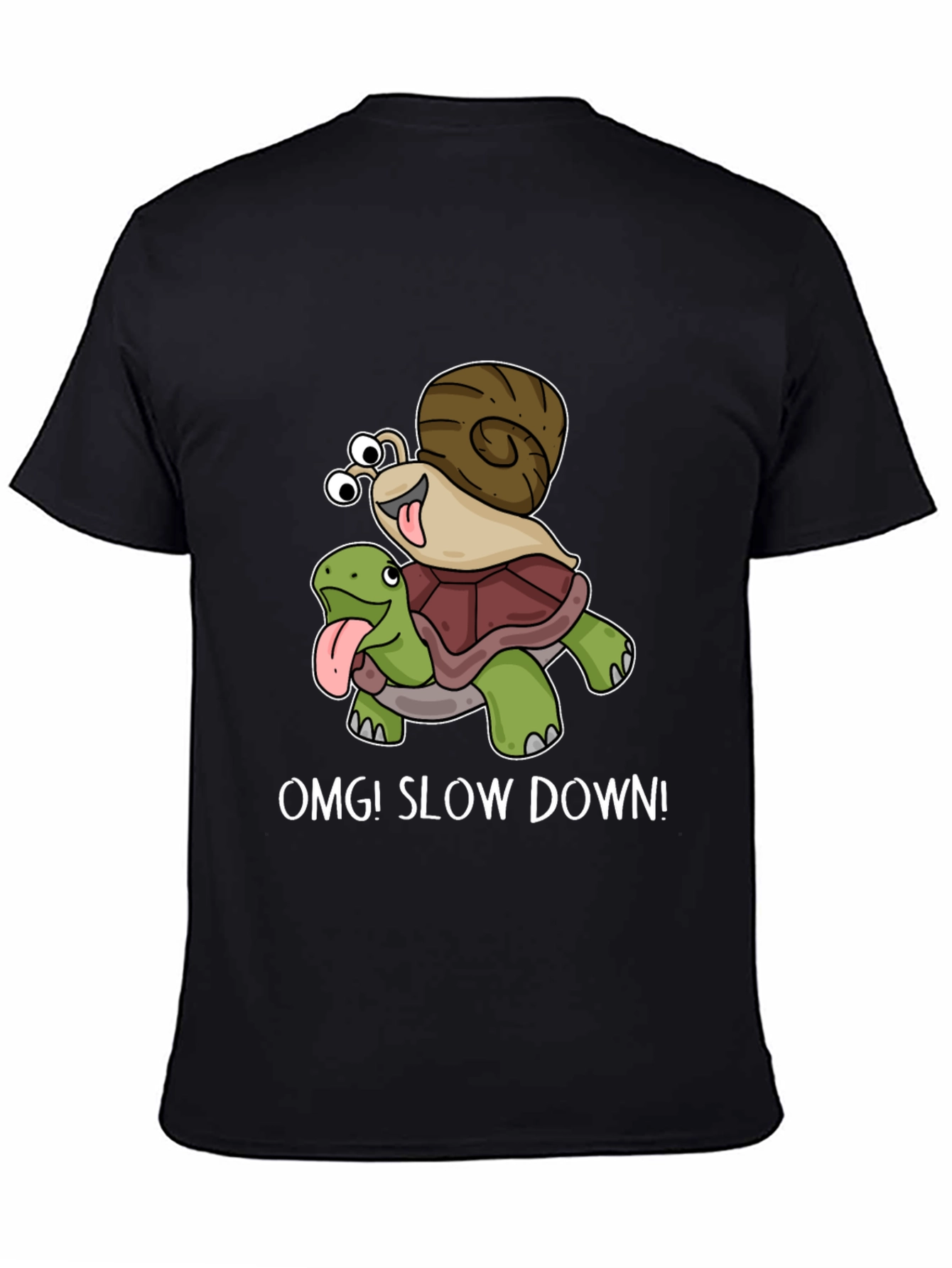 Black OMG! Slow Down T-Shirt Snail Riding Turtle view 4