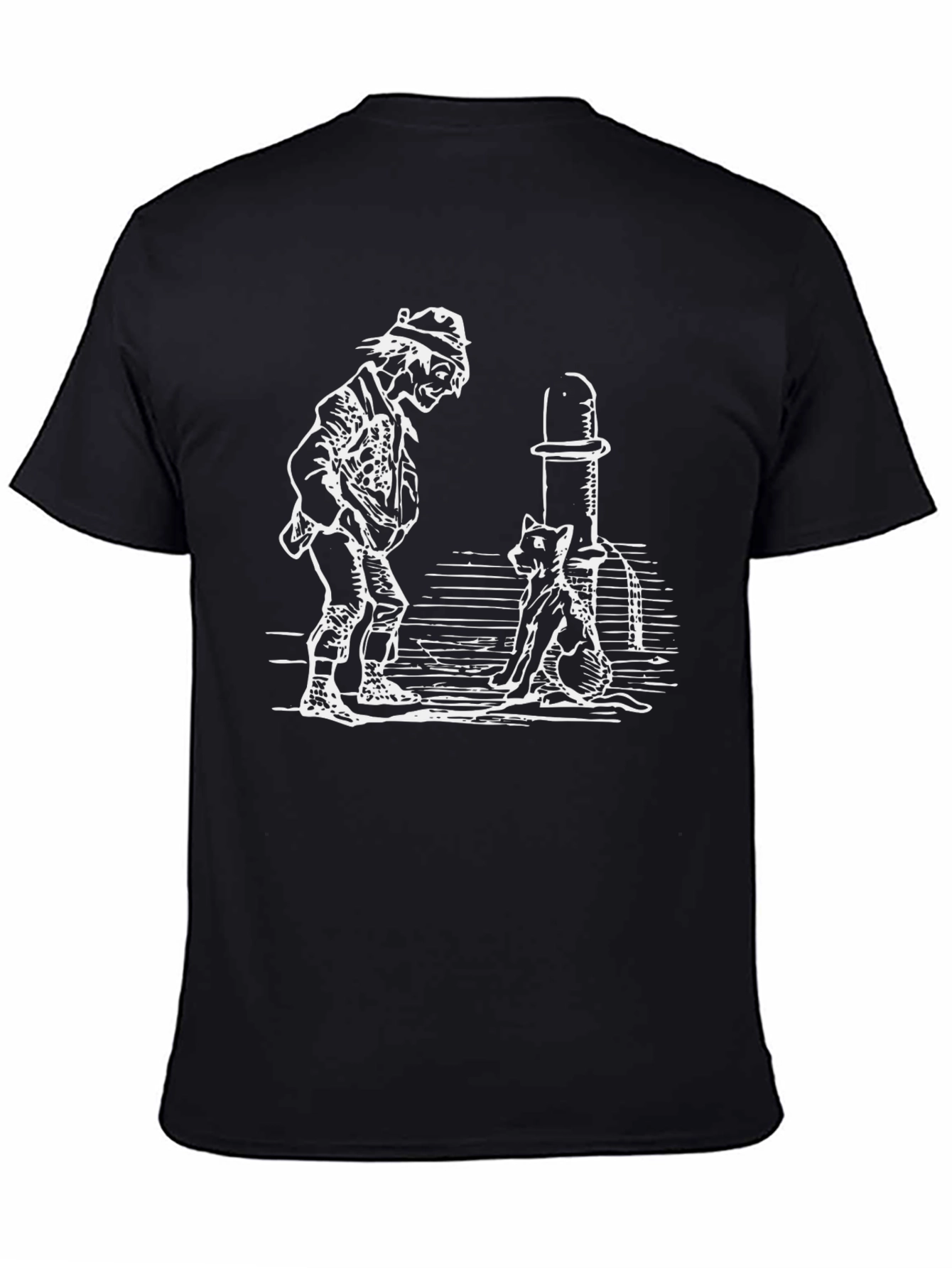 Black Man and Cat Drinking Fountain Black T-Shirt view 4