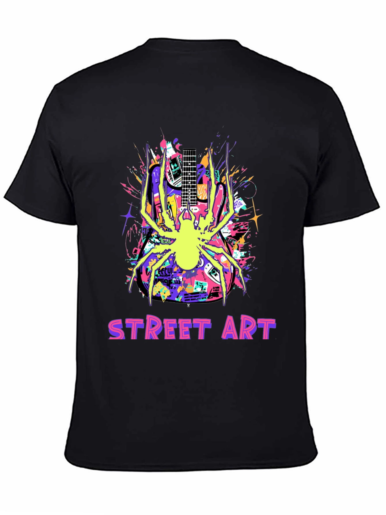 Black Street Art Guitar Spider Graphic T-Shirt view 4