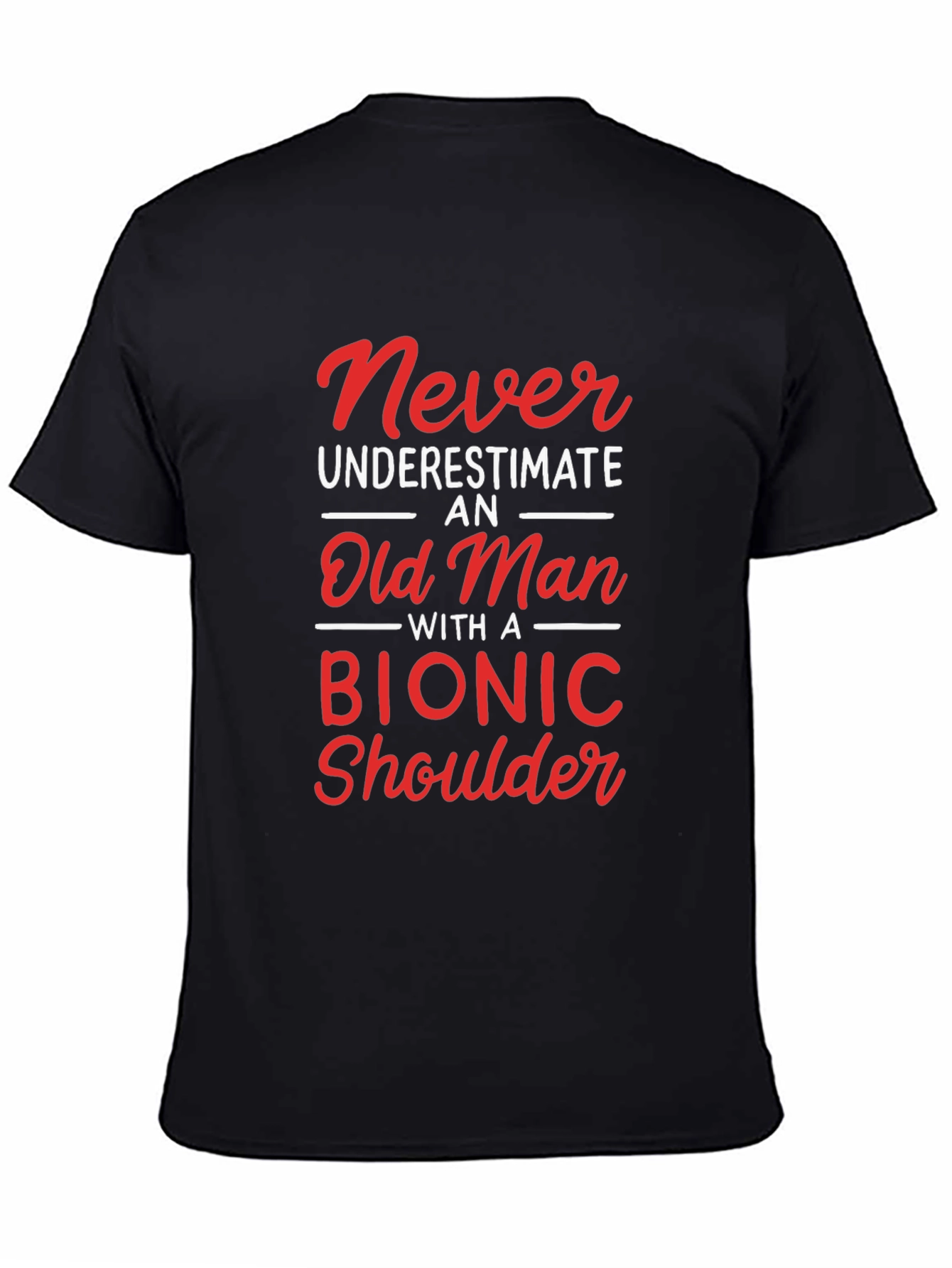 Black Funny Bionic Shoulder Old Man T-Shirt view 4