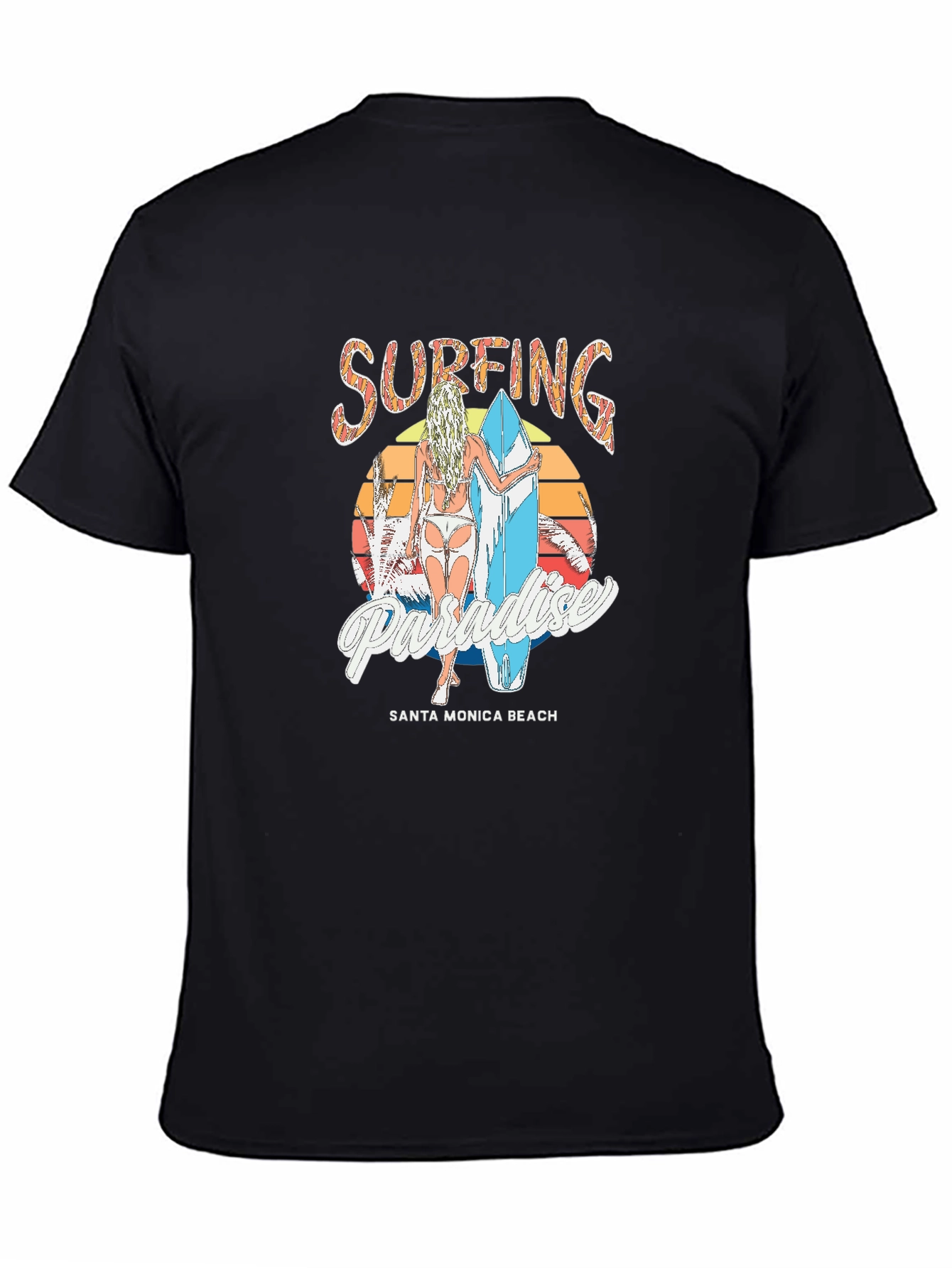 Black Surfing Paradise Santa Monica Beach T-Shirt view 4