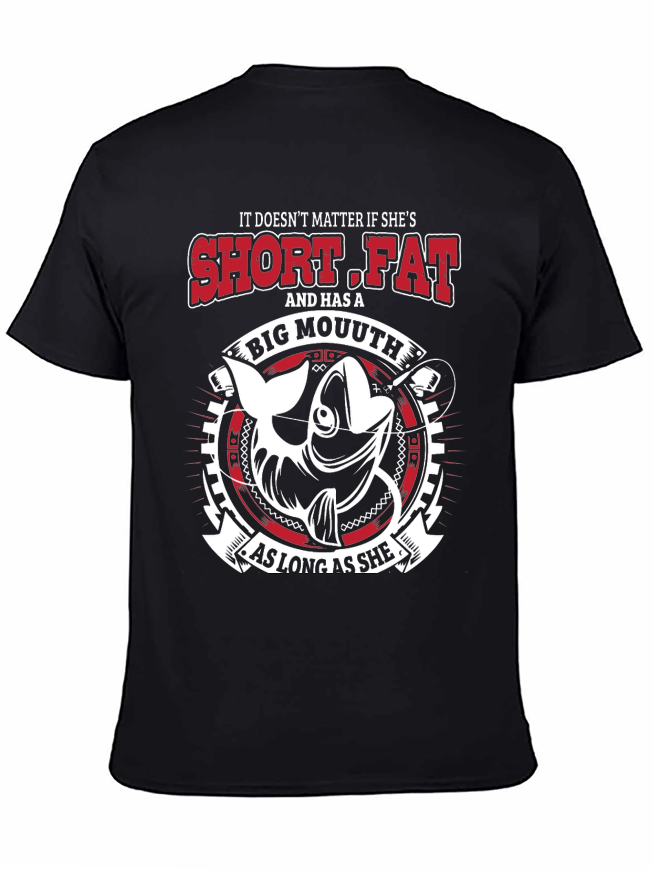 Black Funny Fishing T-Shirt - Short Fat Big Mouth Design view 4