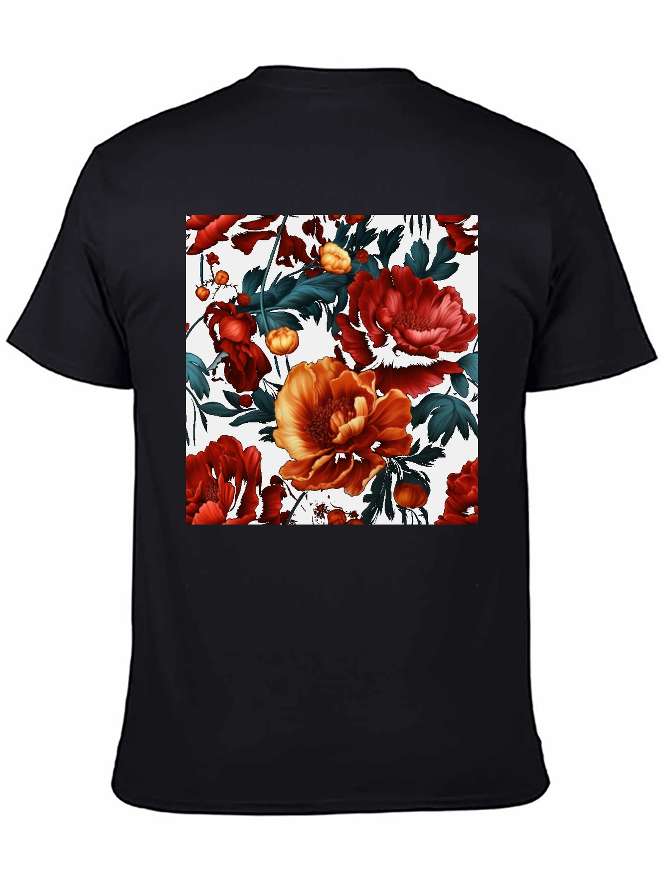 Black Floral Print Black Crew Neck T-Shirt view 4