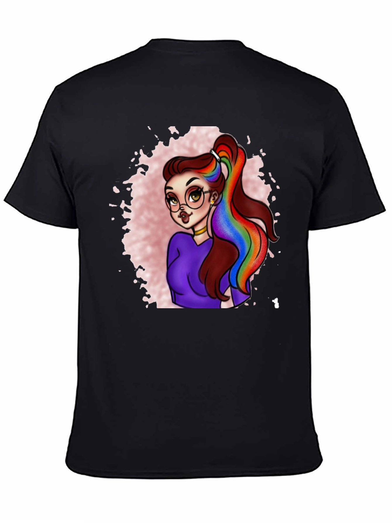 Black Rainbow Hair Cartoon Graphic T-Shirt view 4